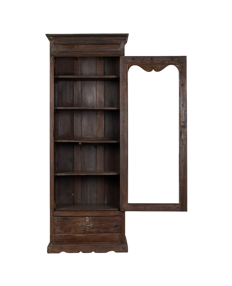Vintage Indian oak cabinet, distressed, with open glass door showcasing interior shelves and working drawer.