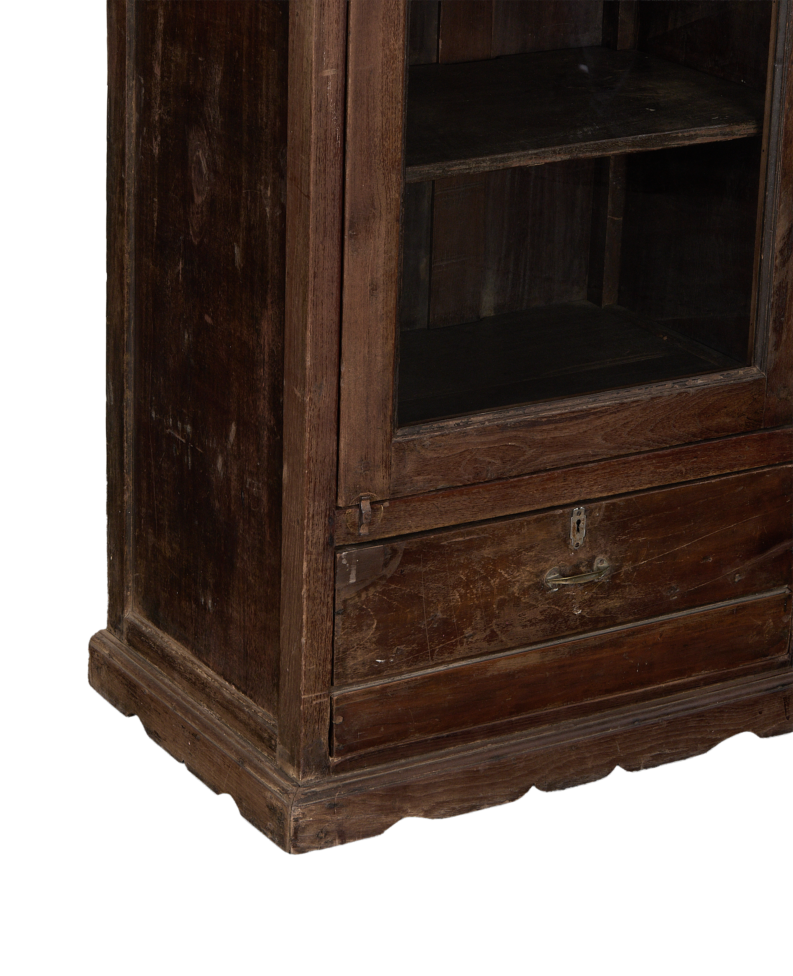 Vintage Indian oak cabinet: lower section with functional drawer and elegant scalloped base.