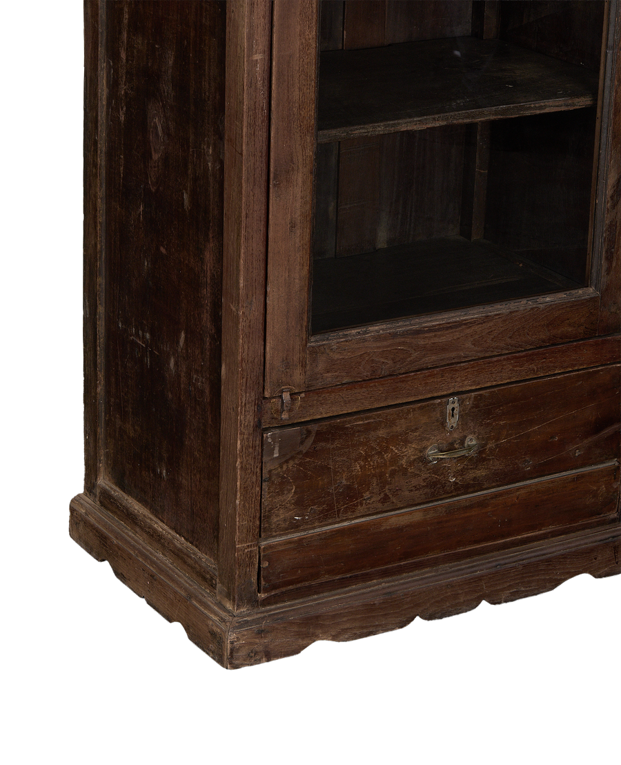 Vintage Indian oak cabinet: lower section with functional drawer and elegant scalloped base.