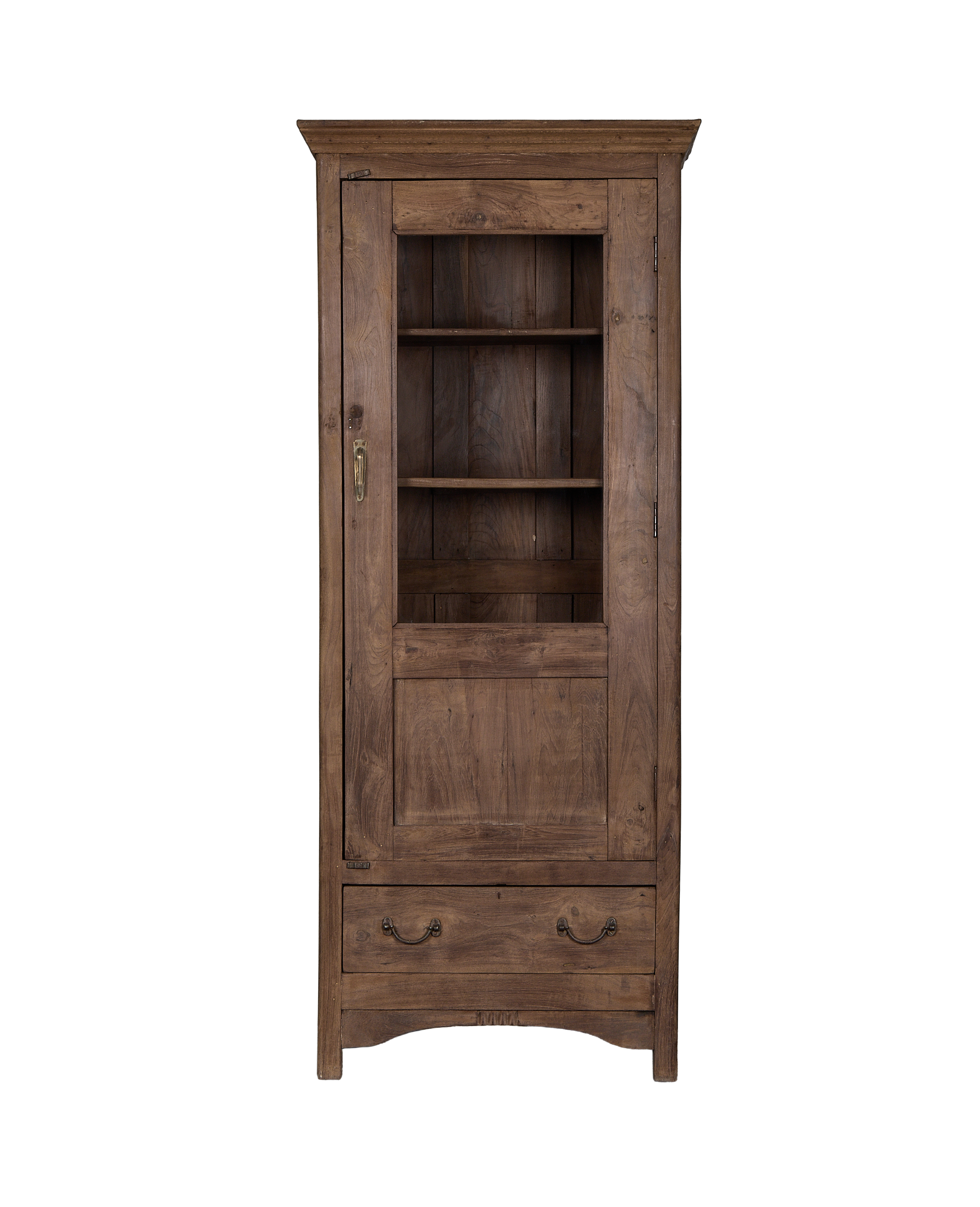 Vintage Indian natural oak wood display cabinet with glass door.