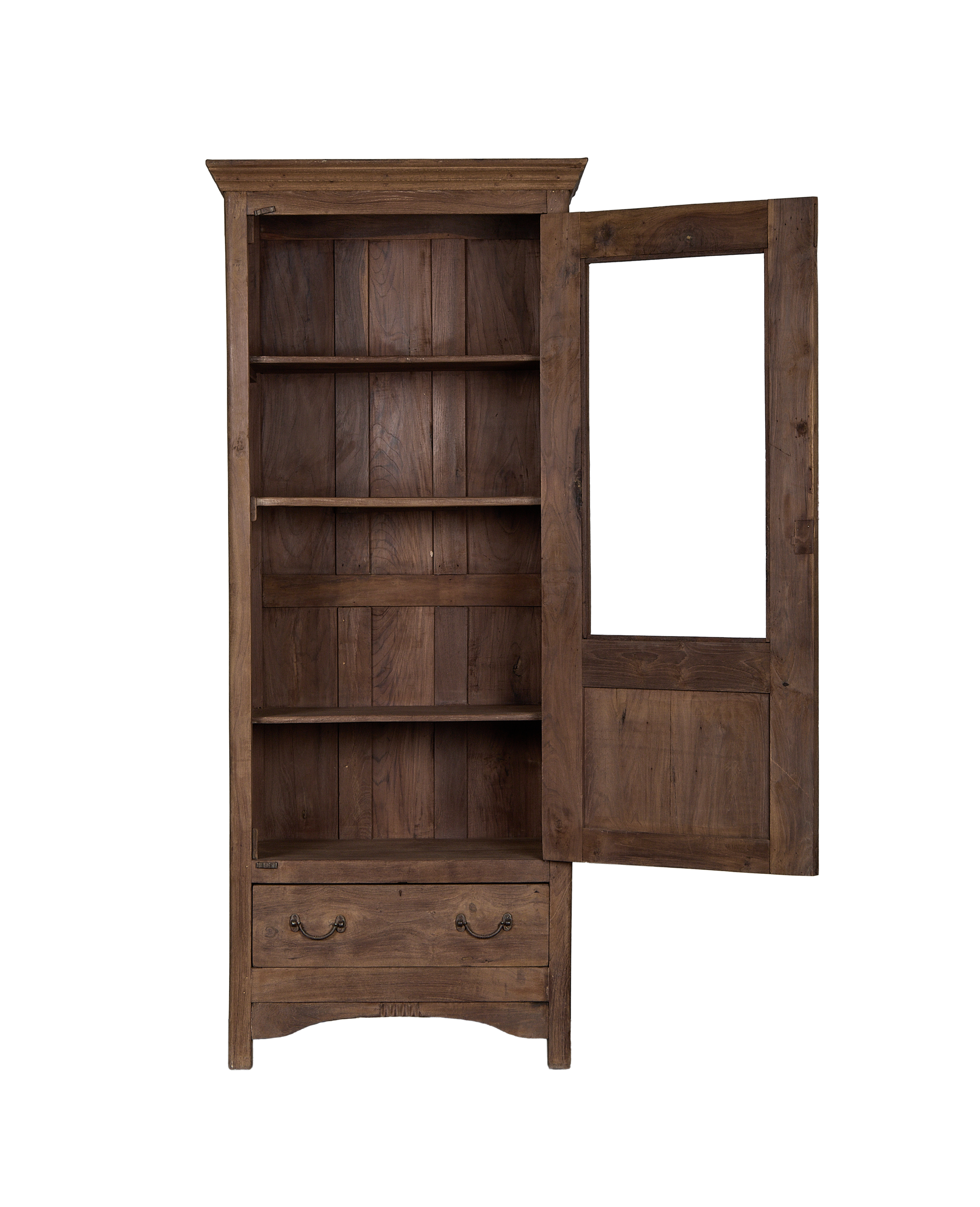 Vintage Indian oak cabinet, natural wood finish, open door revealing interior shelves and drawers.