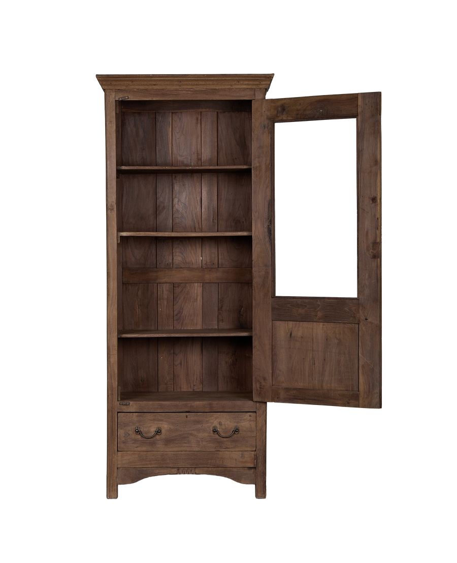 Vintage Indian oak cabinet, natural wood finish, open door revealing interior shelves and drawers.