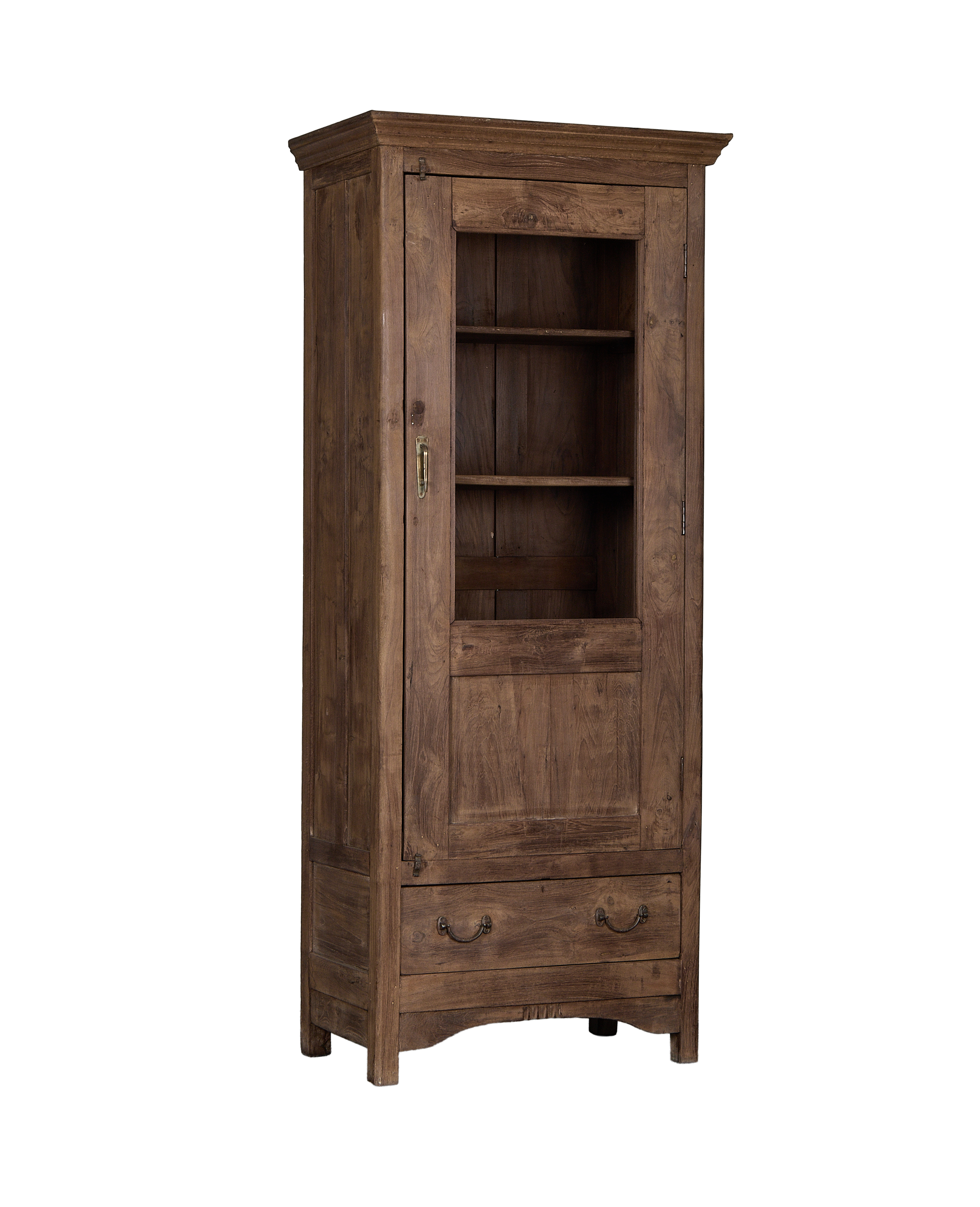 Vintage Indian oak cabinet details: glass door revealing shelves, lower drawer, natural wood grain.