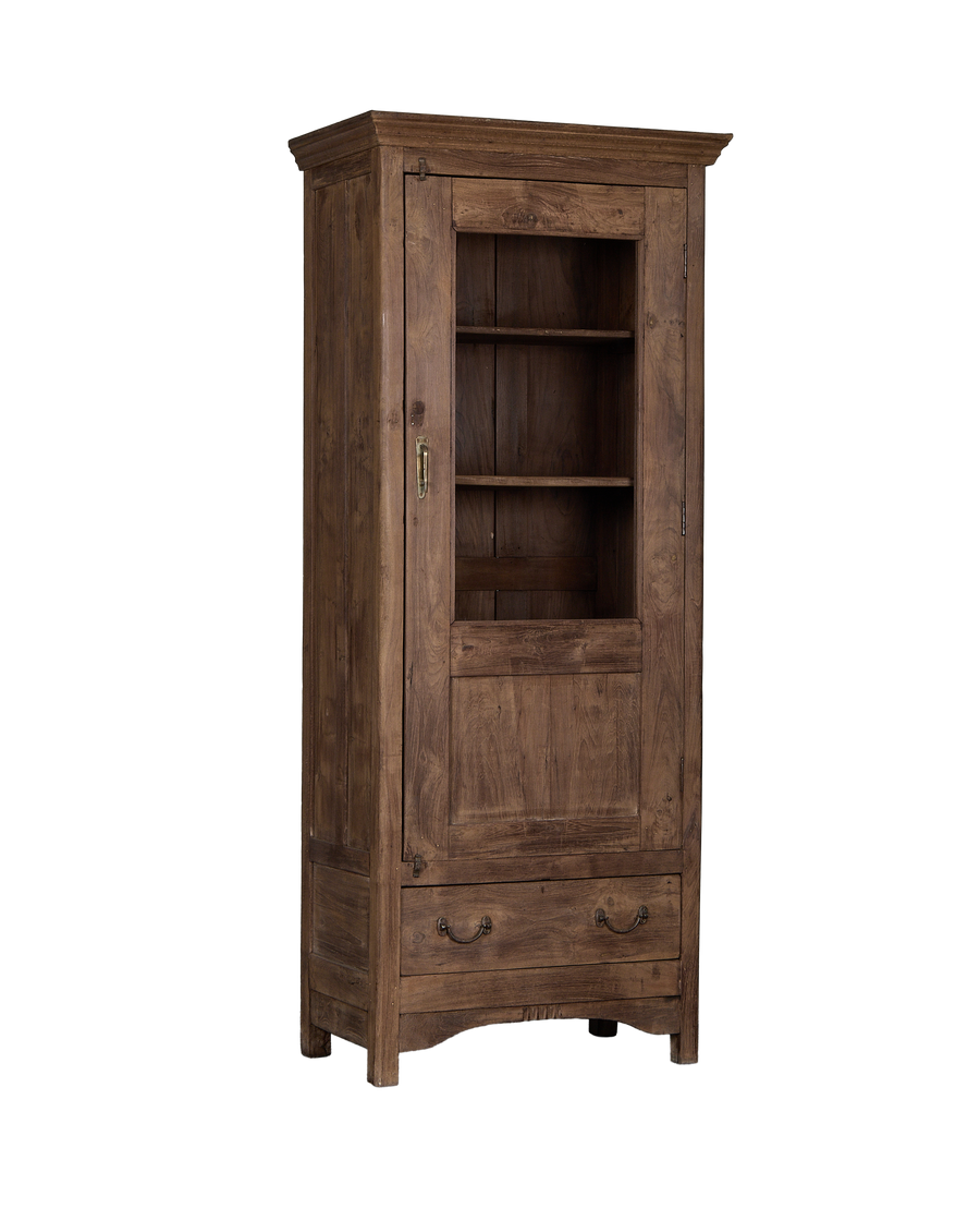 Vintage Indian oak cabinet details: glass door revealing shelves, lower drawer, natural wood grain.