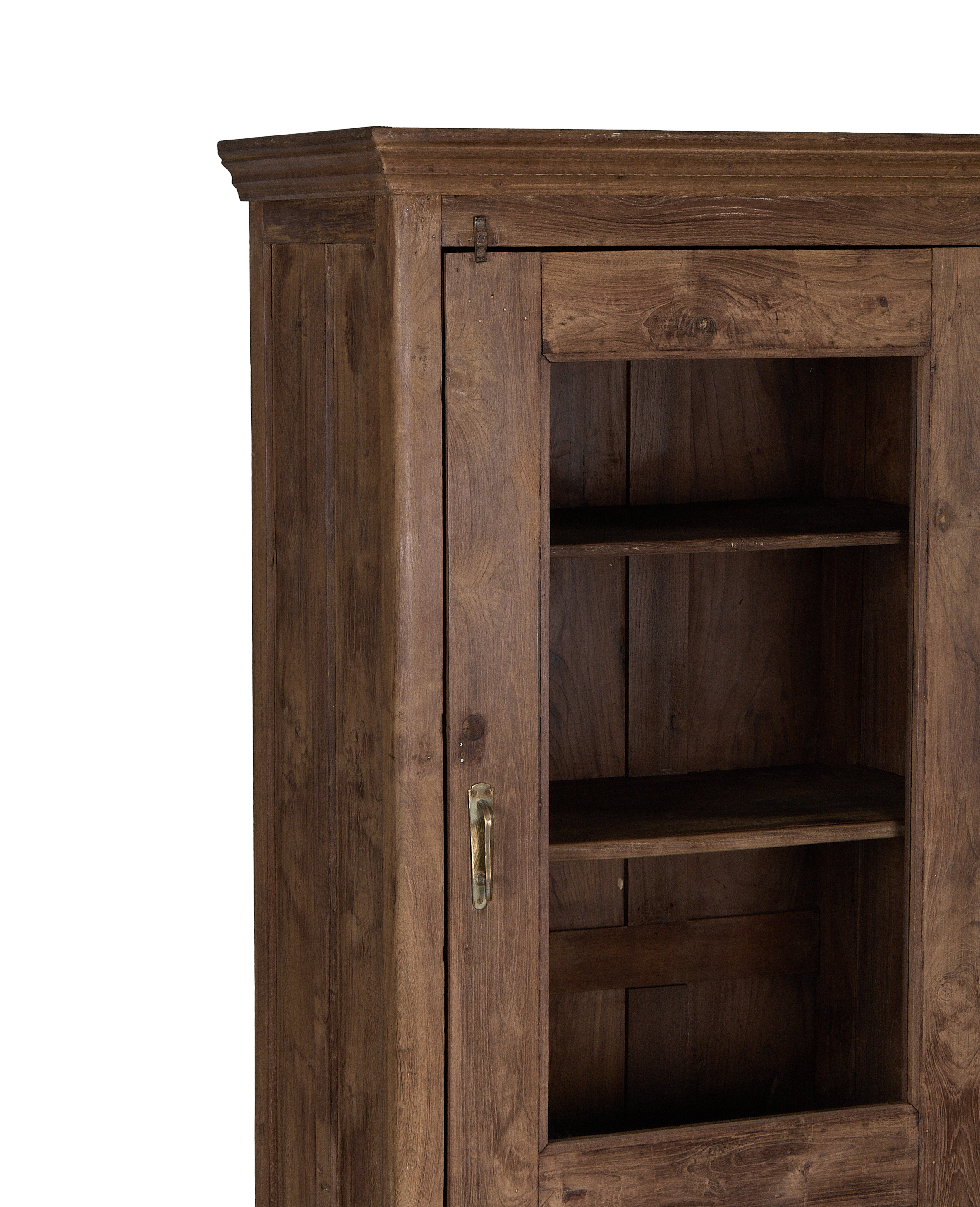 Vintage Indian oak cabinet: detailed view of aged wood texture, open shelves, and brass latch.