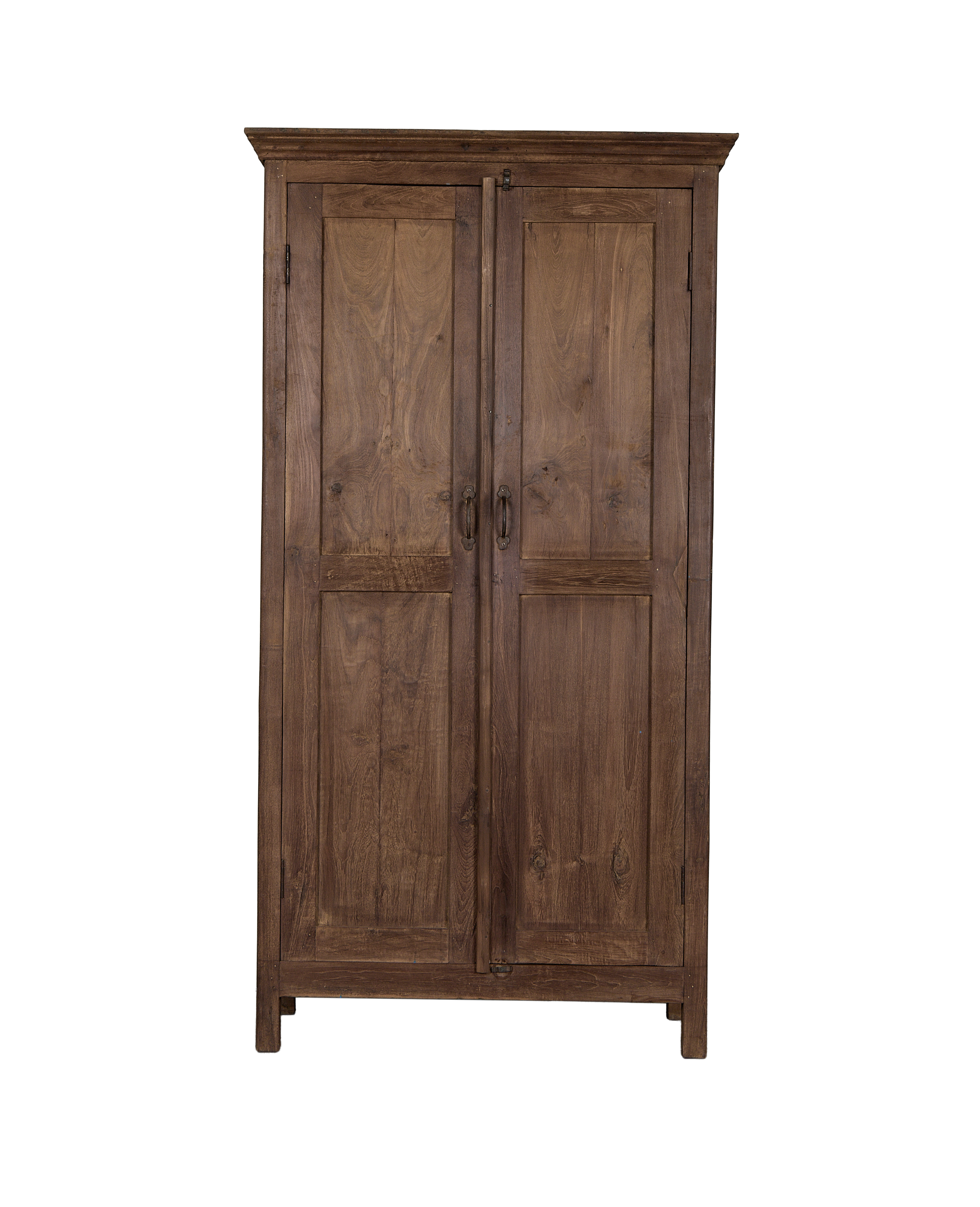 Vintage oak wood Indian cabinet, natural finish, two doors, and dark metal handles.