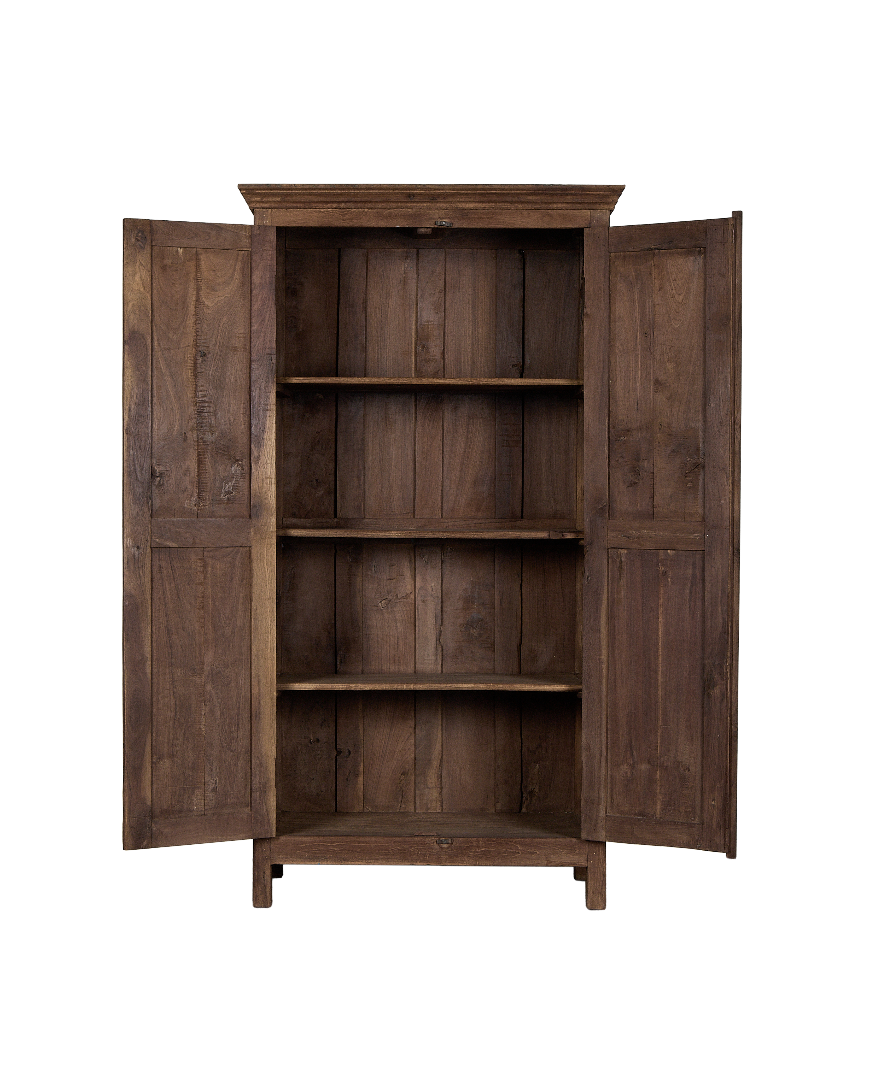 Vintage Indian oak cabinet, doors open revealing three spacious shelves.