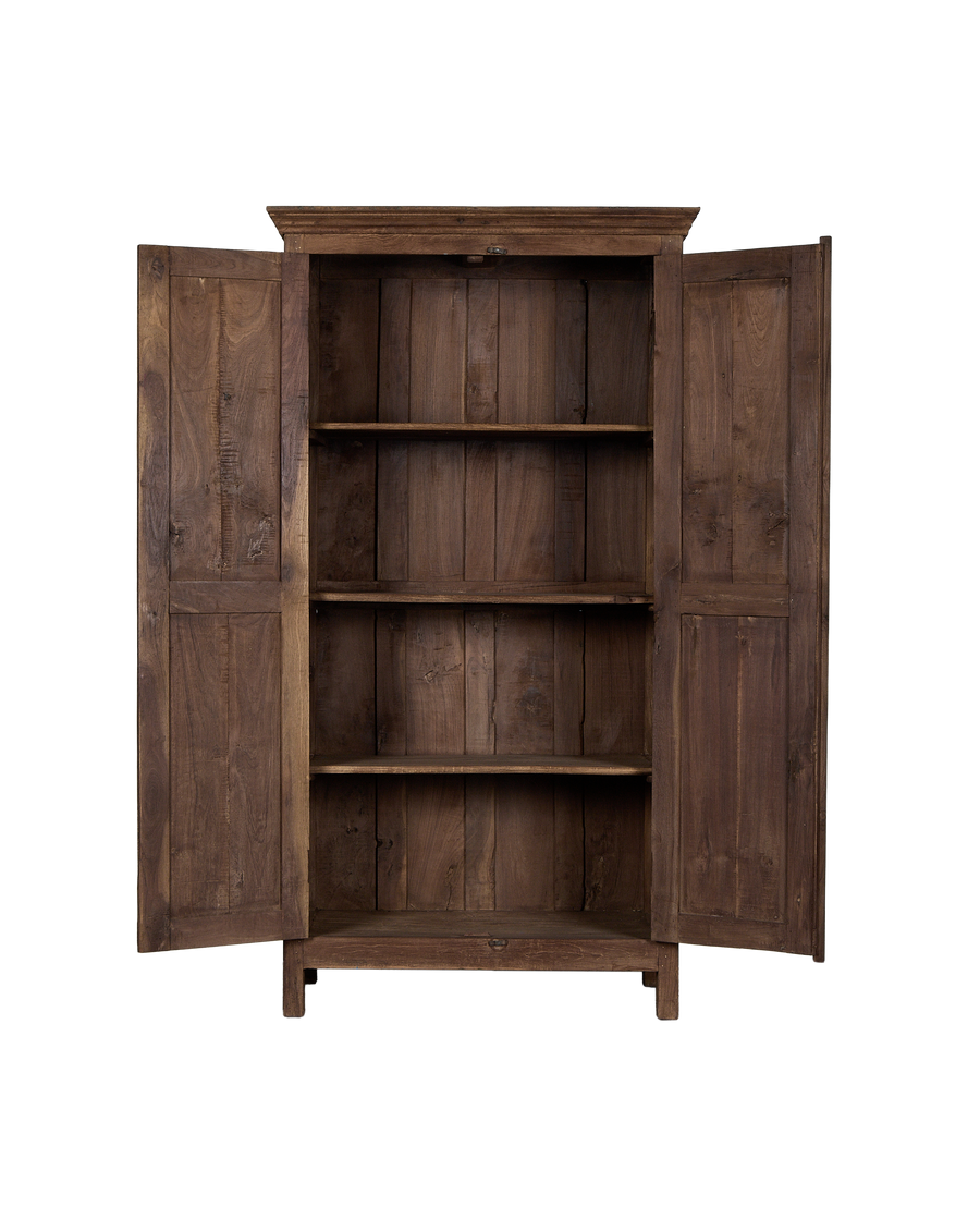 Vintage Indian oak cabinet, doors open revealing three spacious shelves.