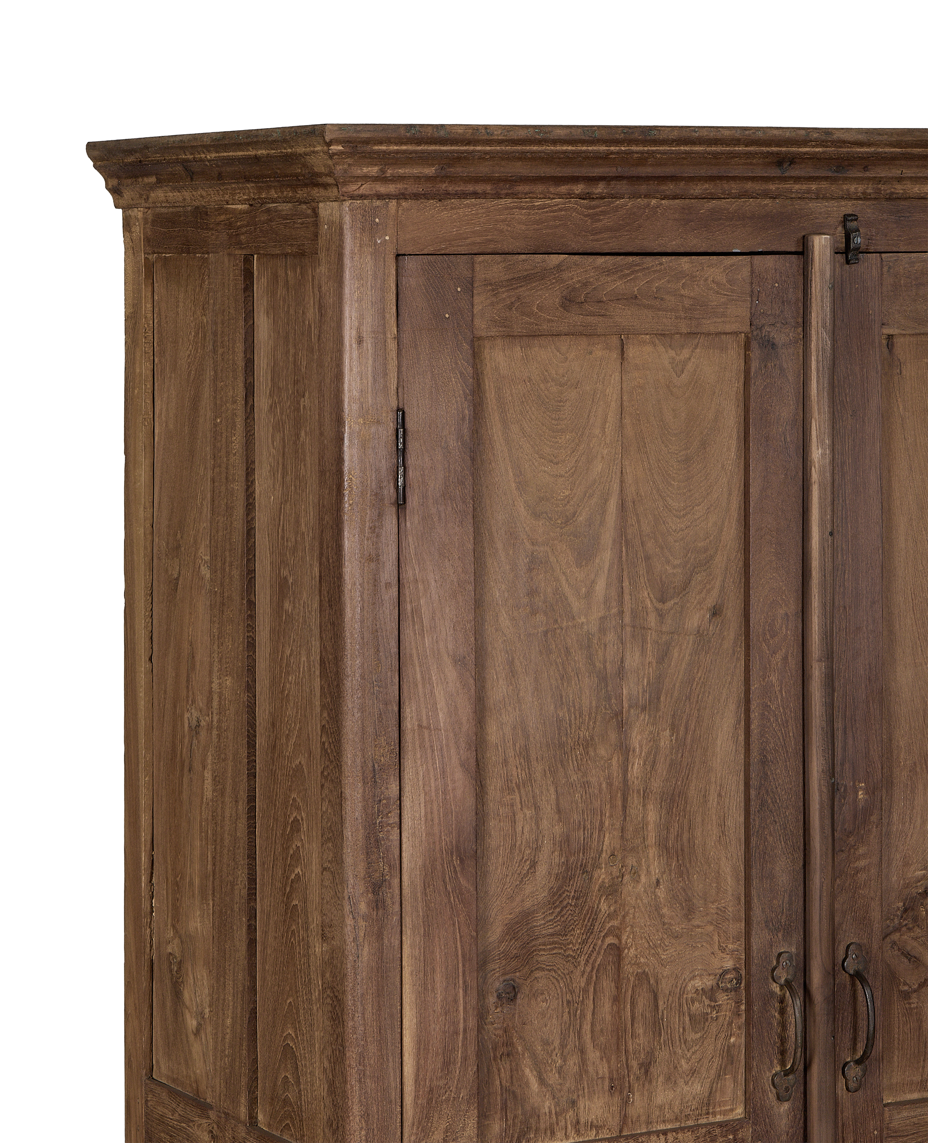 Vintage Indian oak wood cabinet, detailed grain and ornate cornice with rustic hardware.