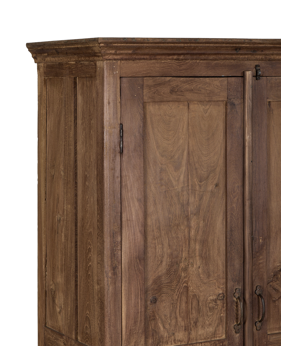 Vintage Indian oak wood cabinet, detailed grain and ornate cornice with rustic hardware.