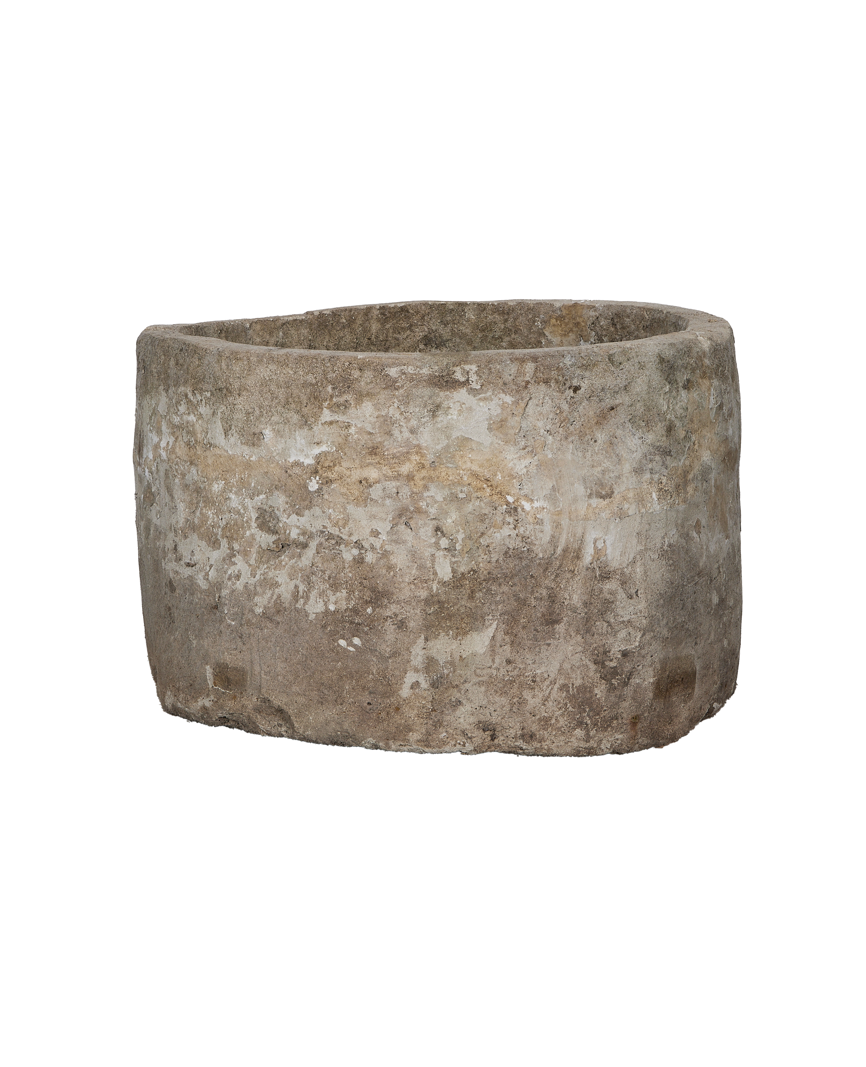 Vintage, round Indonesian limestone trough, displaying natural rough texture and weathered patina.