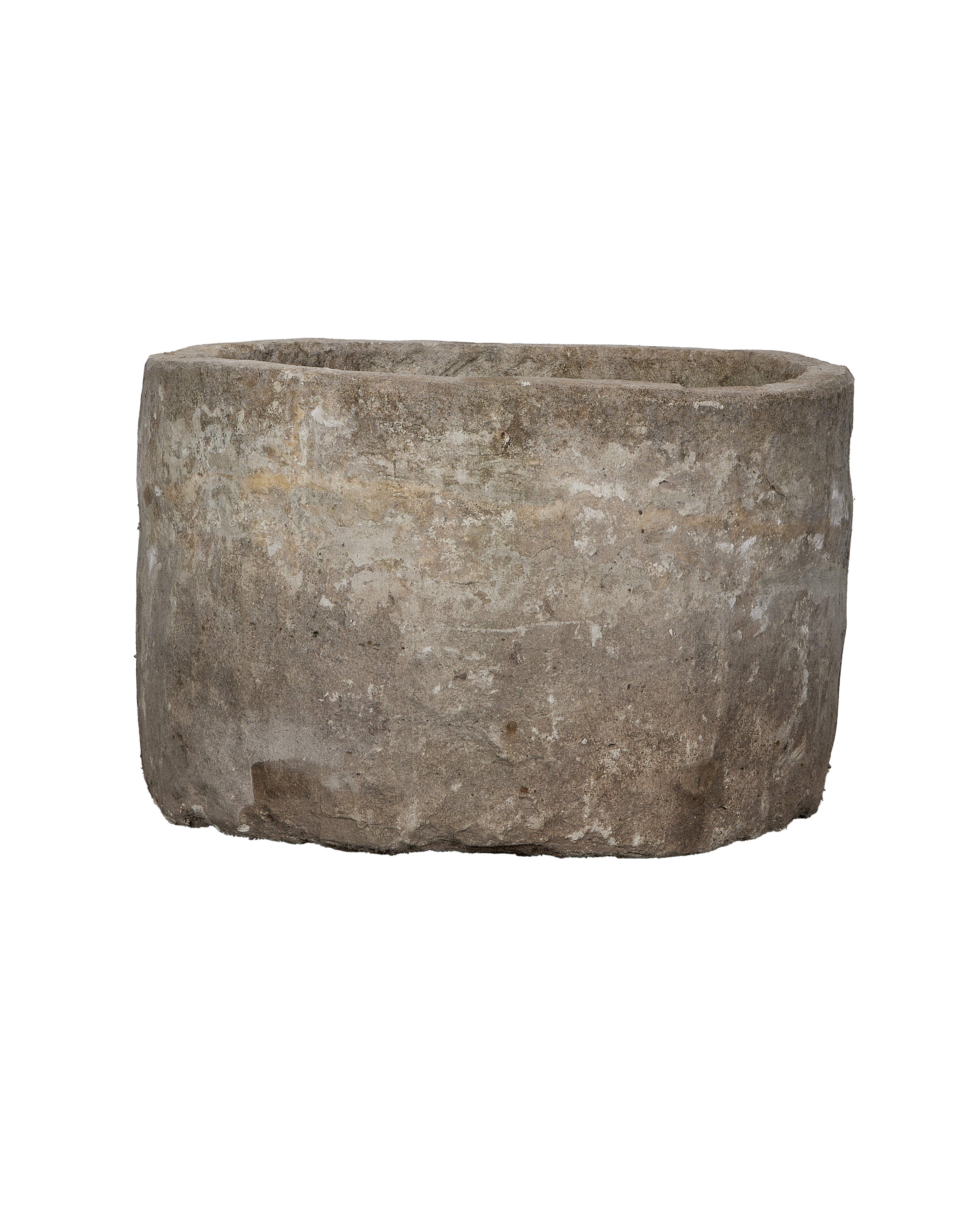 Vintage Indonesian limestone OAK round trough, showcasing weathered exterior texture and condition.