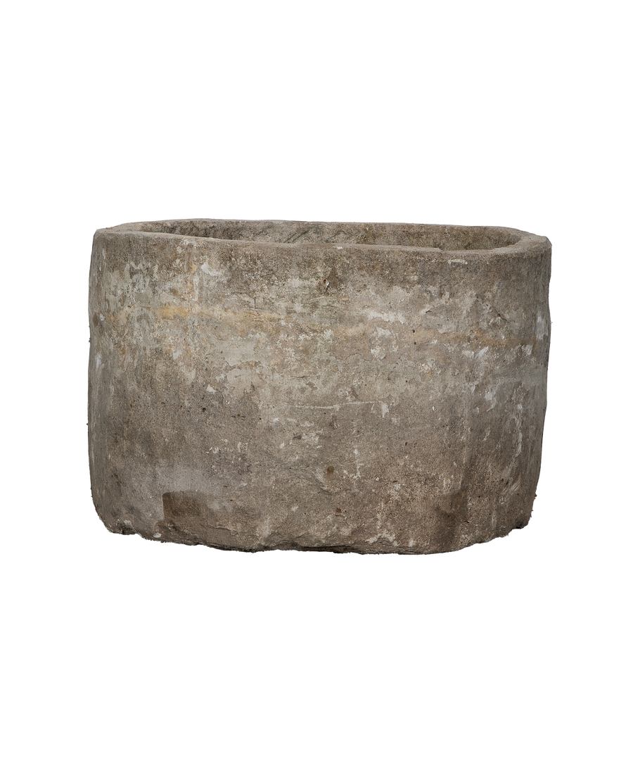 Vintage Indonesian limestone OAK round trough, showcasing weathered exterior texture and condition.