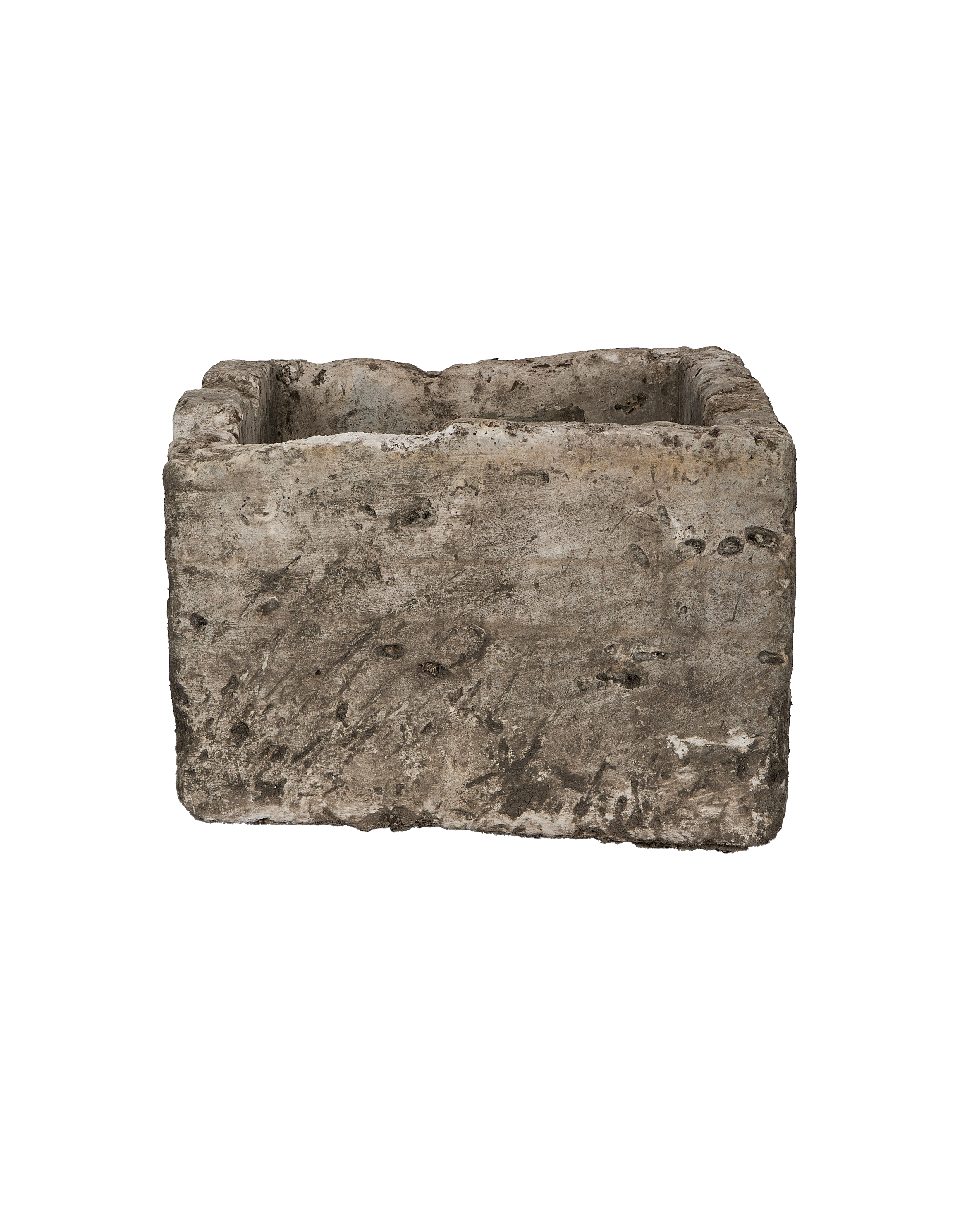 Vintage Indonesian rectangular limestone trough, rustic texture, weathered gray surface.