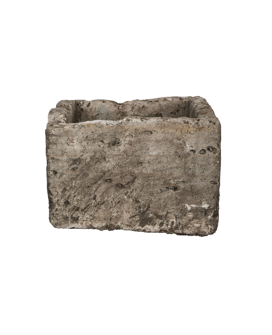 Vintage Indonesian rectangular limestone trough, rustic texture, weathered gray surface.