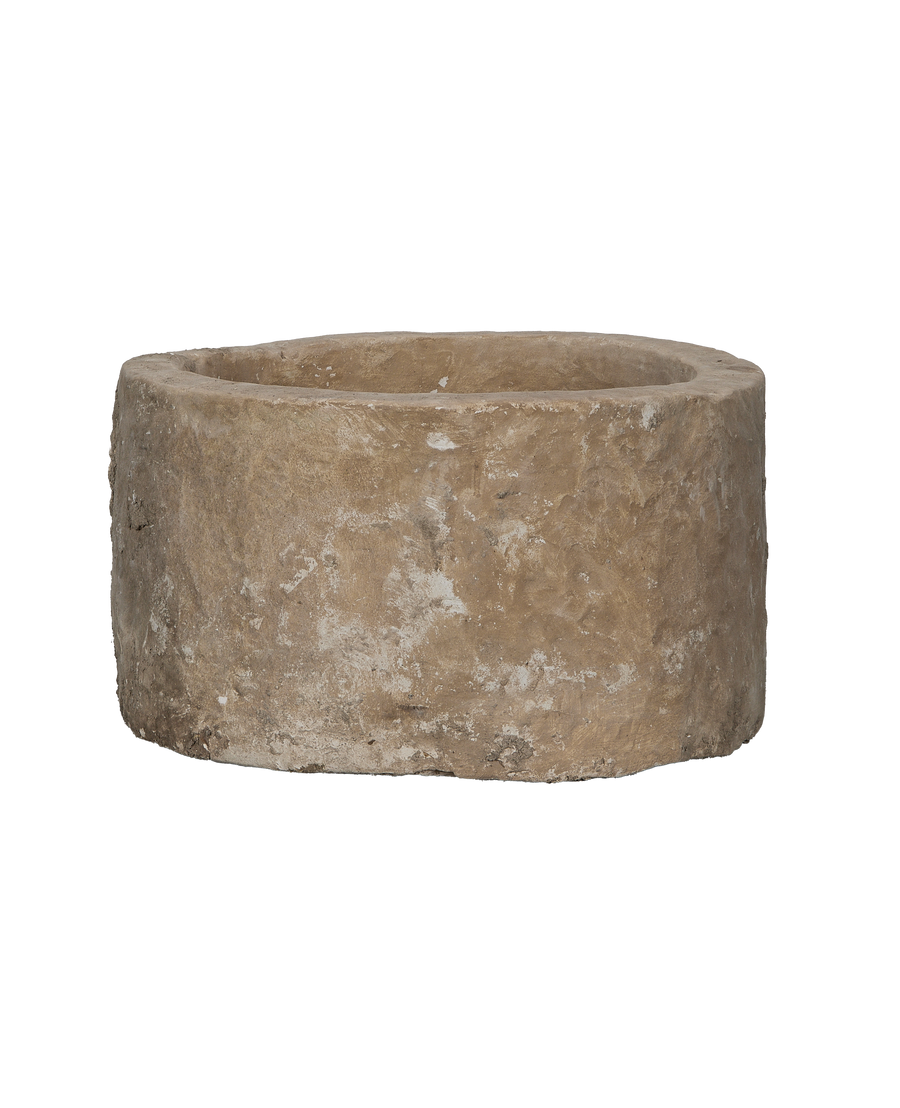 Vintage Indonesian limestone trough, oblong, showcasing aged oak texture and uneven, antique condition.