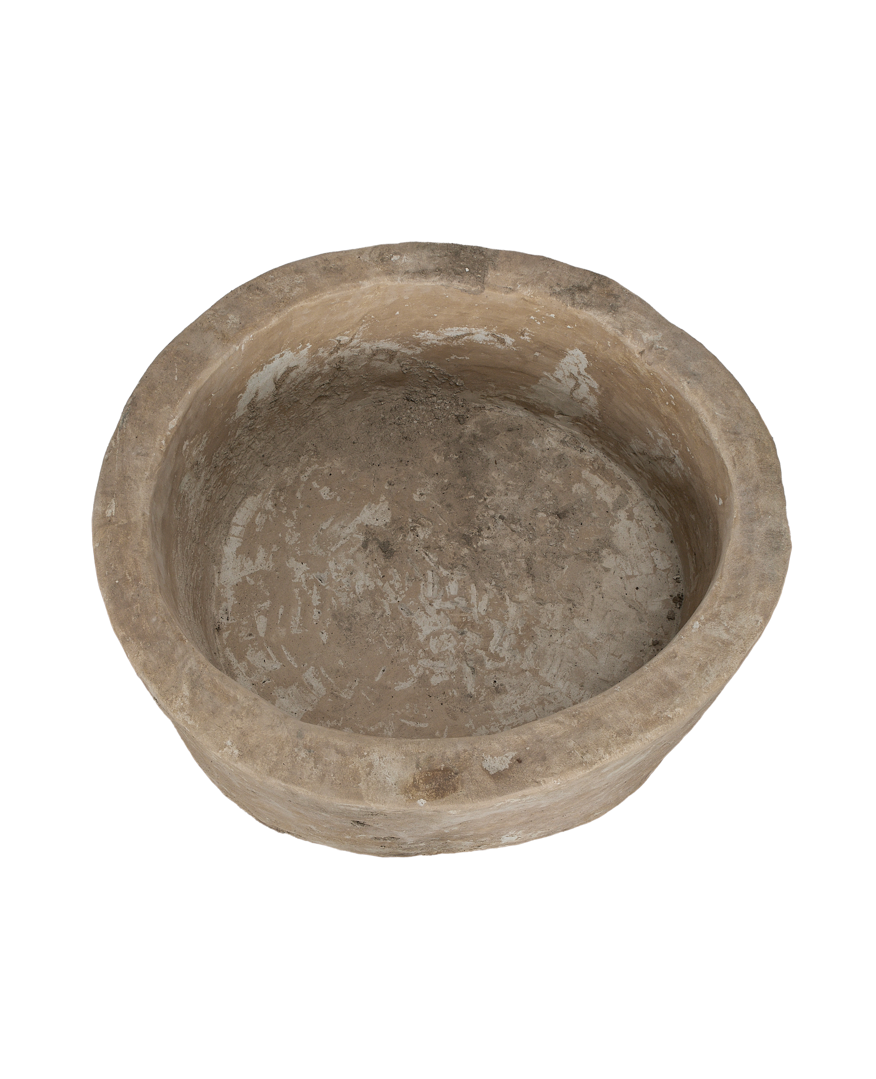 Vintage Indonesian limestone trough (OAK), close-up top view showing weathered oblong interior.