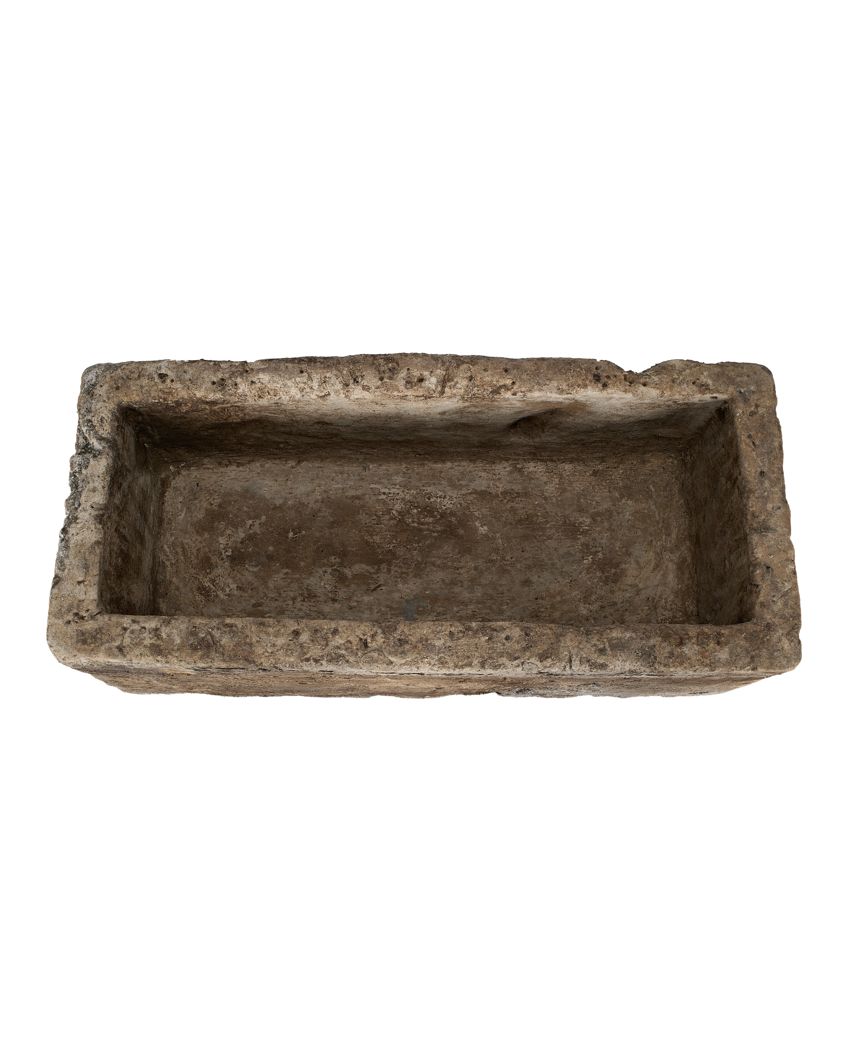 Vintage rectangular limestone garden trough from Indonesia, top-down view showing interior.