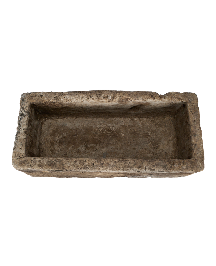 Vintage rectangular limestone garden trough from Indonesia, top-down view showing interior.