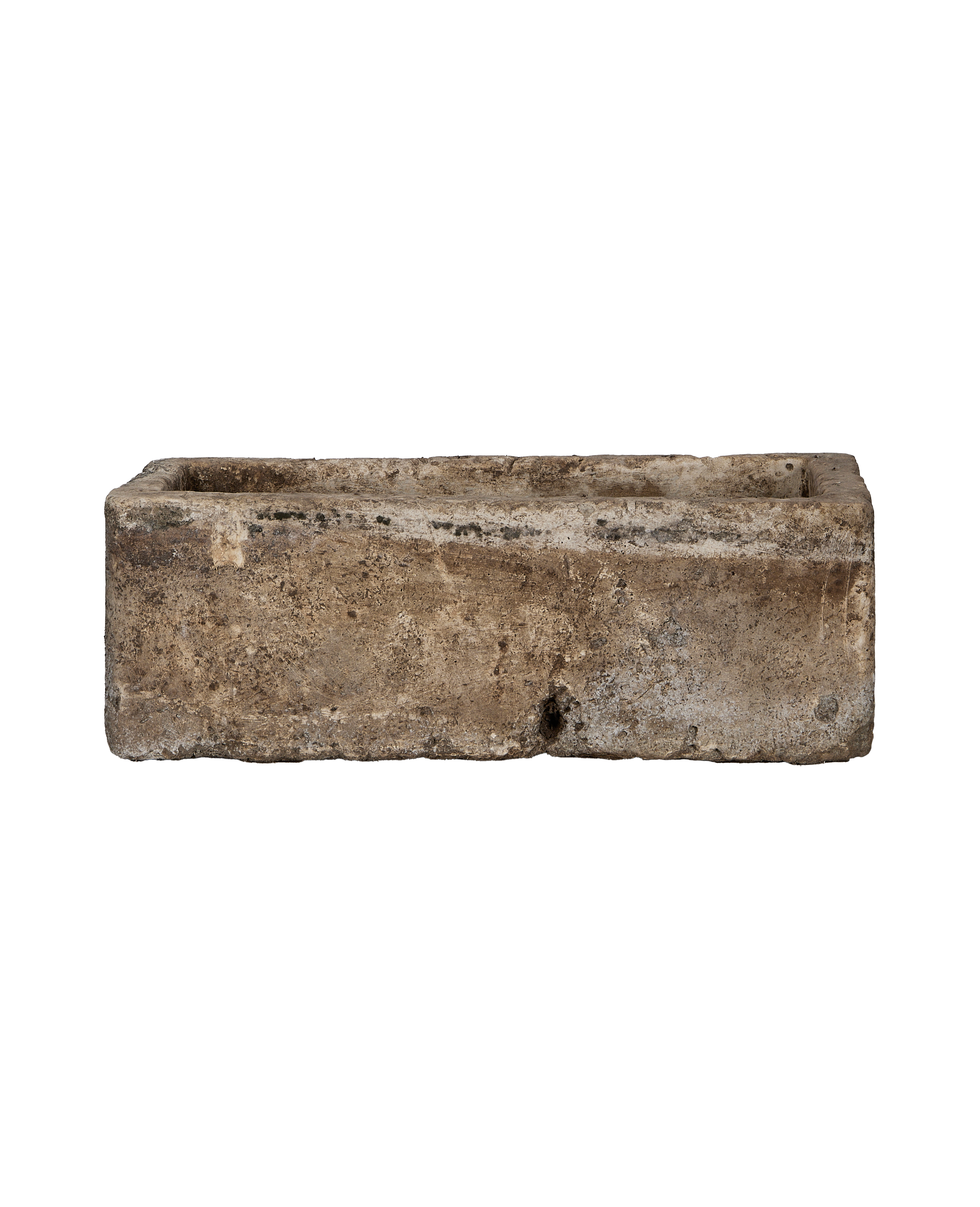 Vintage Indonesian limestone rectangular trough, weathered patina, rough uneven texture, dark gray color.