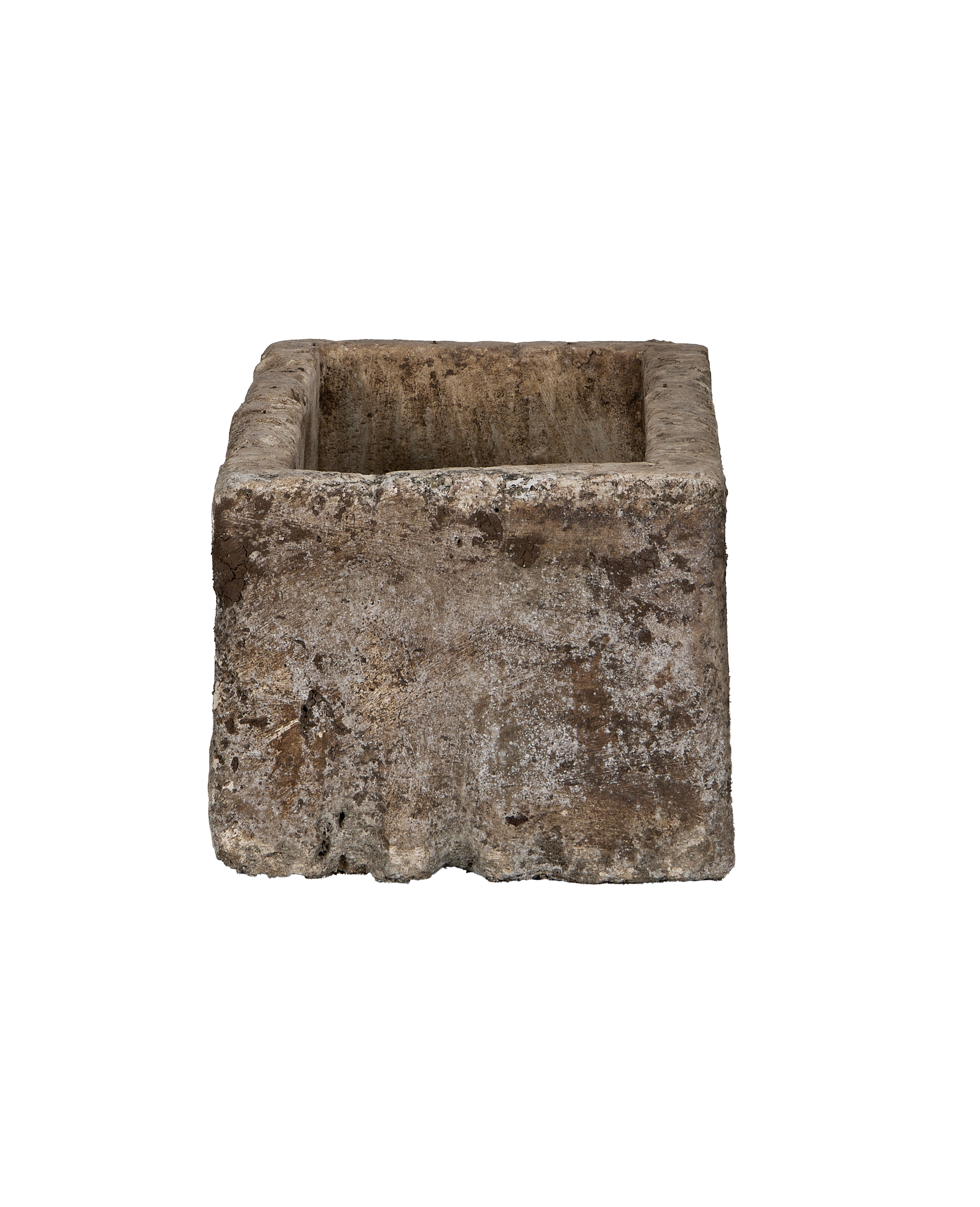 Vintage Indonesian rectangle limestone trough, showing distressed, weathered sides and rugged texture.