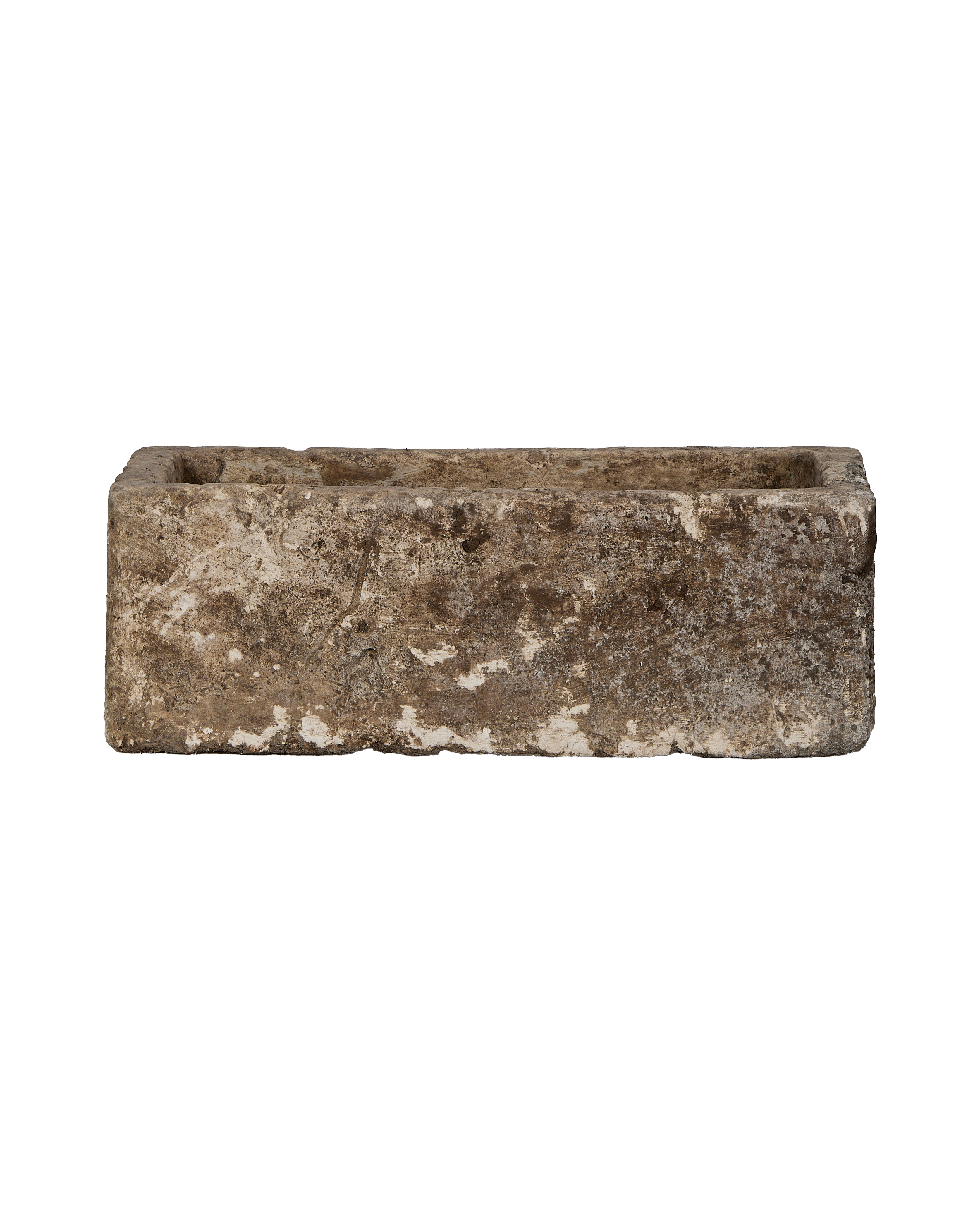 Vintage Indonesian rectangular limestone trough planter, showing rough weathered texture.