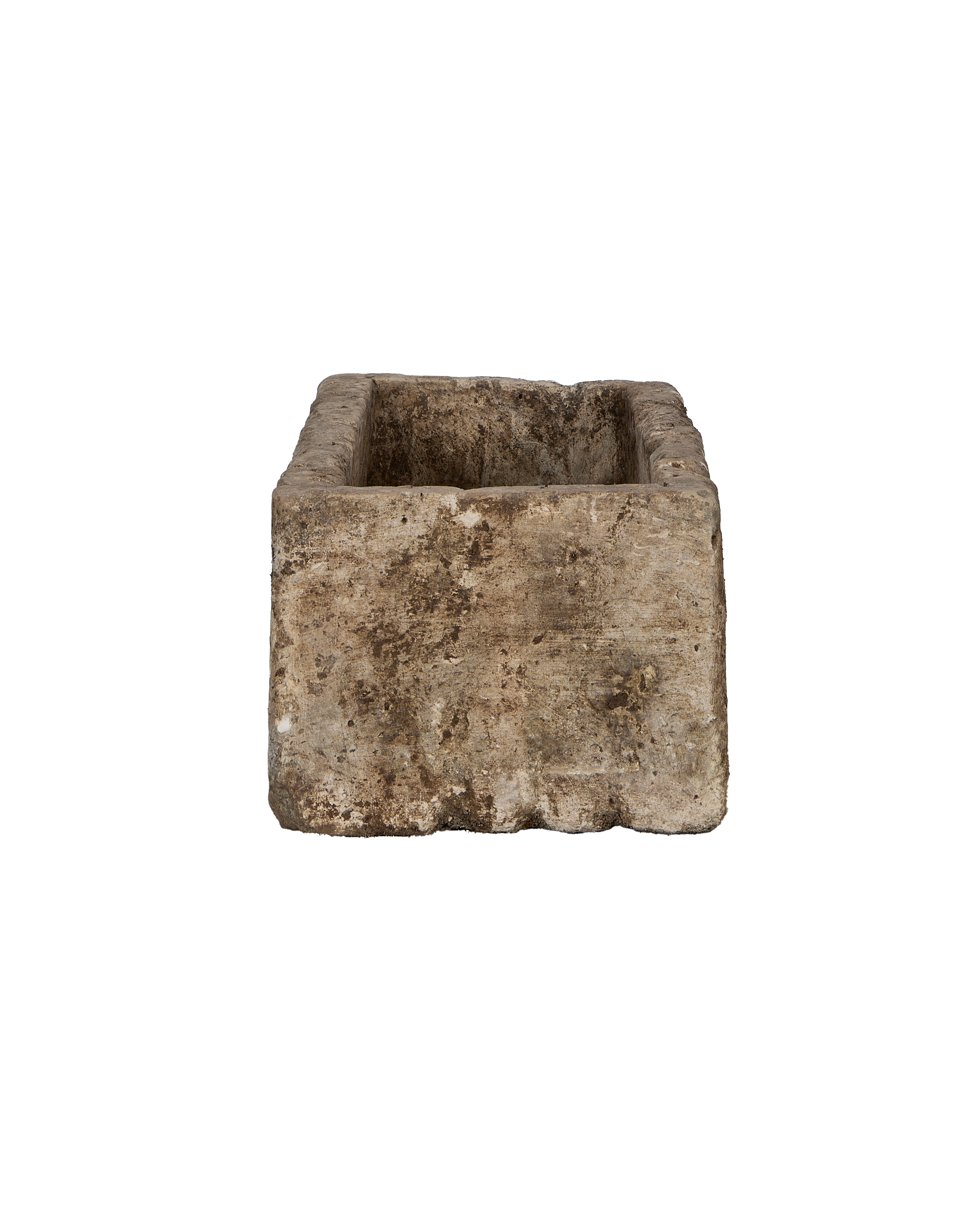 Limestone trough, rectangular vintage Indonesian OAK, showing rough weathered exterior texture.
