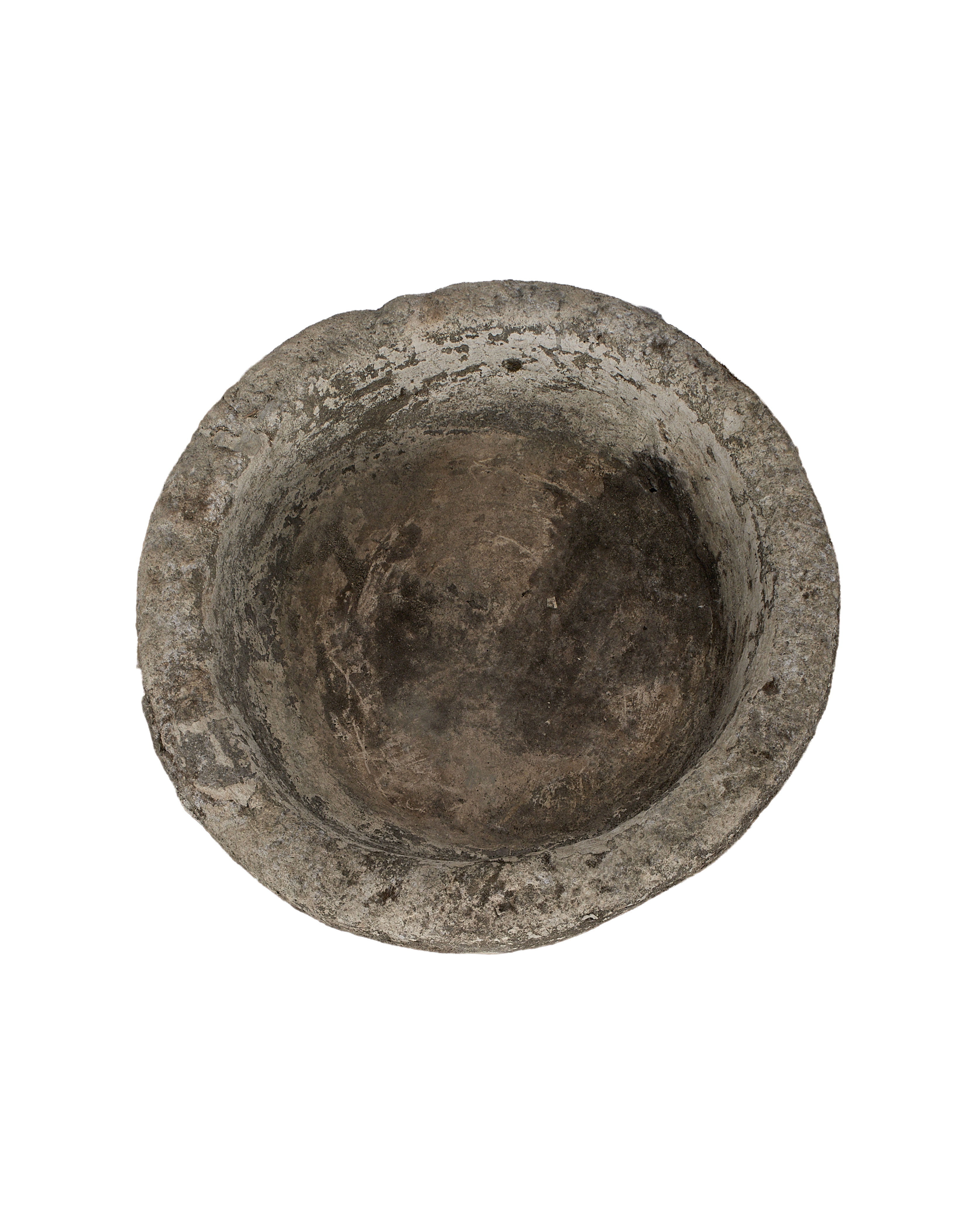 Vintage Indonesian round limestone trough, top-down view showing weathered, textured interior patina.