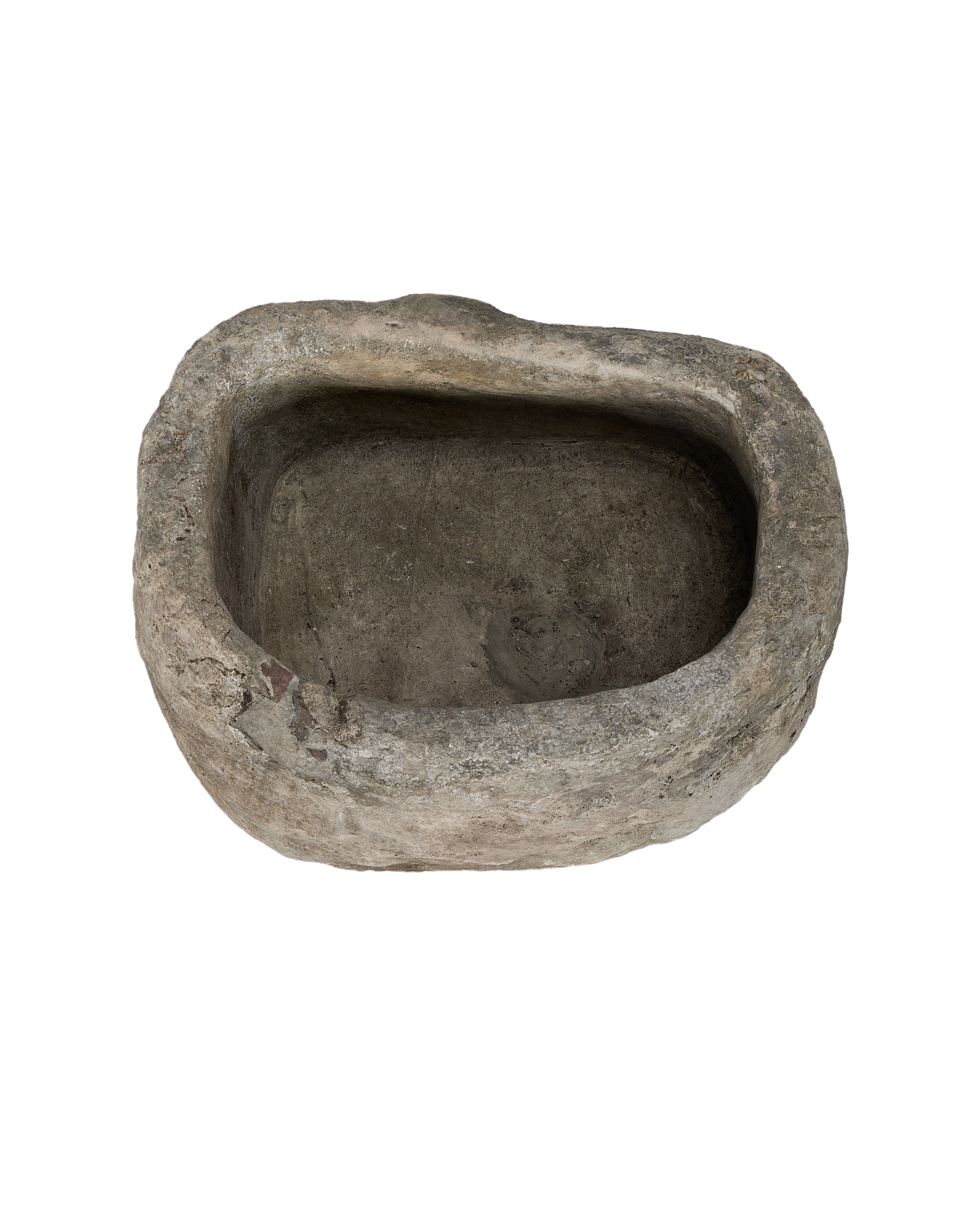 Vintage Indonesian limestone trough, top-down view highlighting the weathered oblong basin and unique texture.