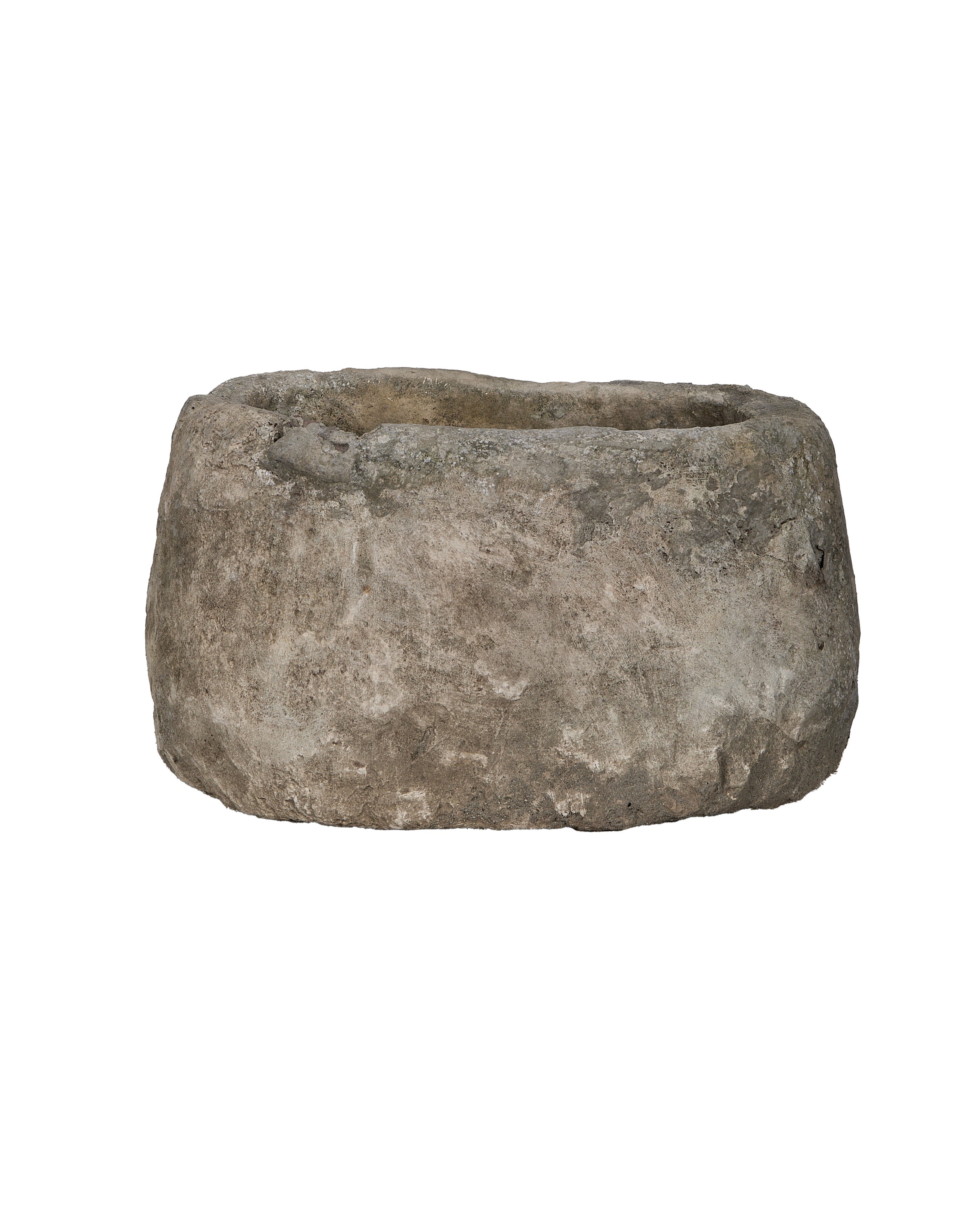 Vintage oblong limestone trough from Indonesia with textured, weathered natural stone finish.
