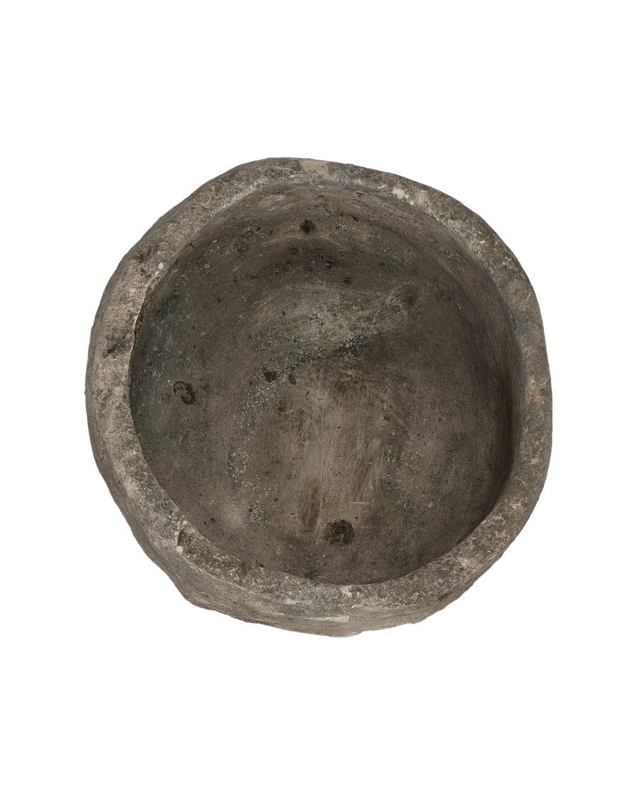 Vintage Indonesian limestone trough, top view shows weathered interior with unique texture and patina.