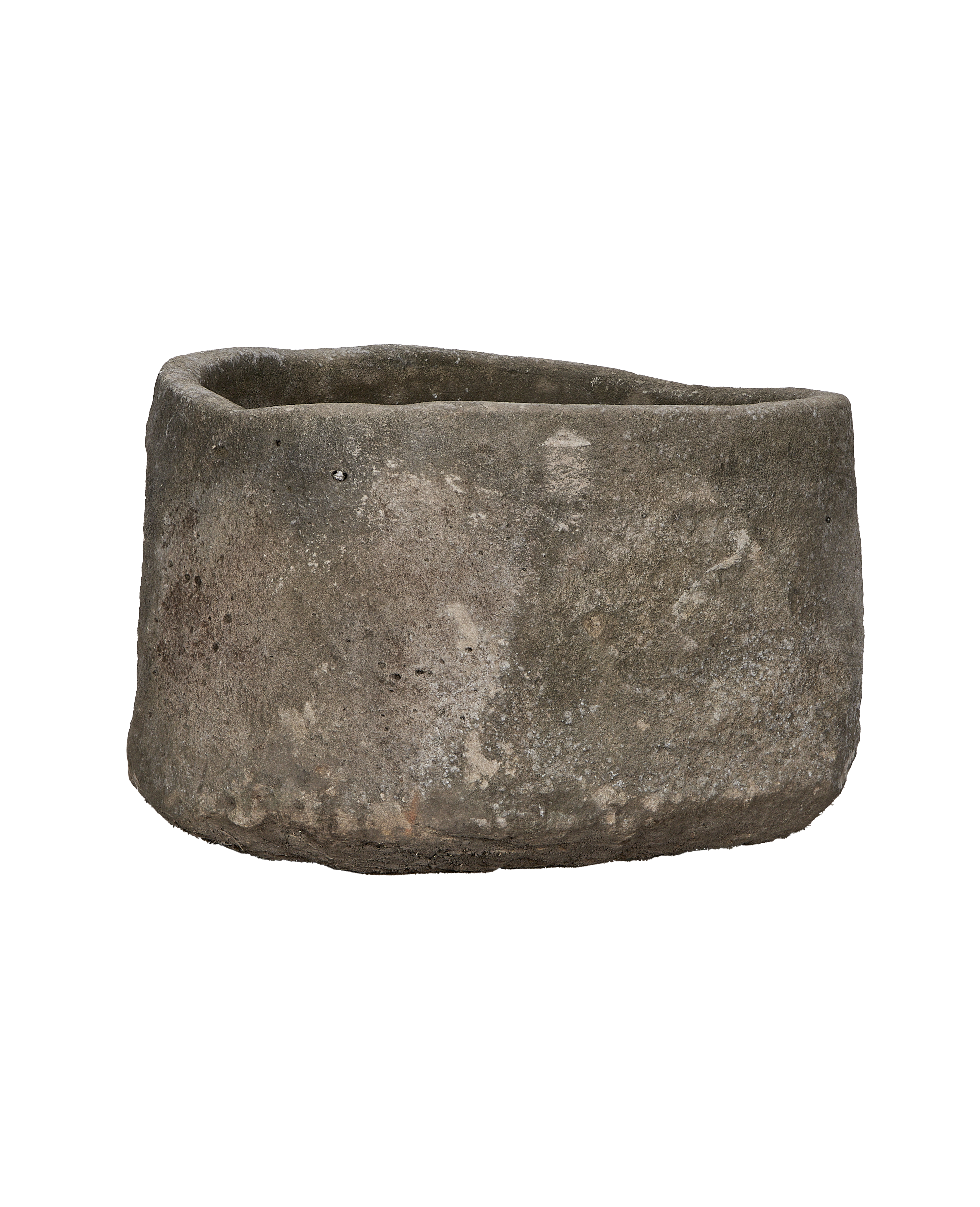 Vintage Indonesian limestone trough, OAK style, round with rustic weathered patina.