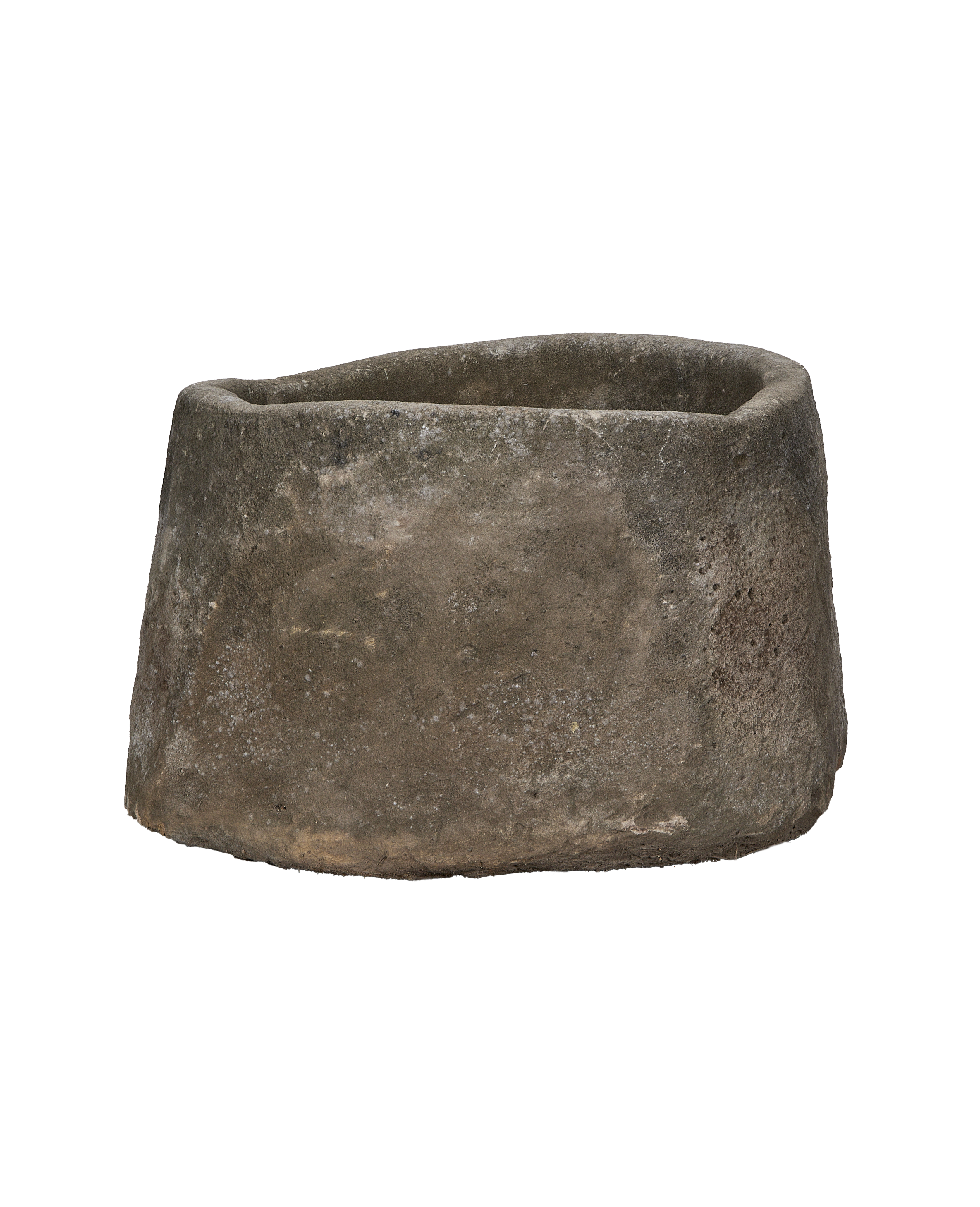 Vintage round limestone trough from Indonesia, showing rough texture and weathered finish.