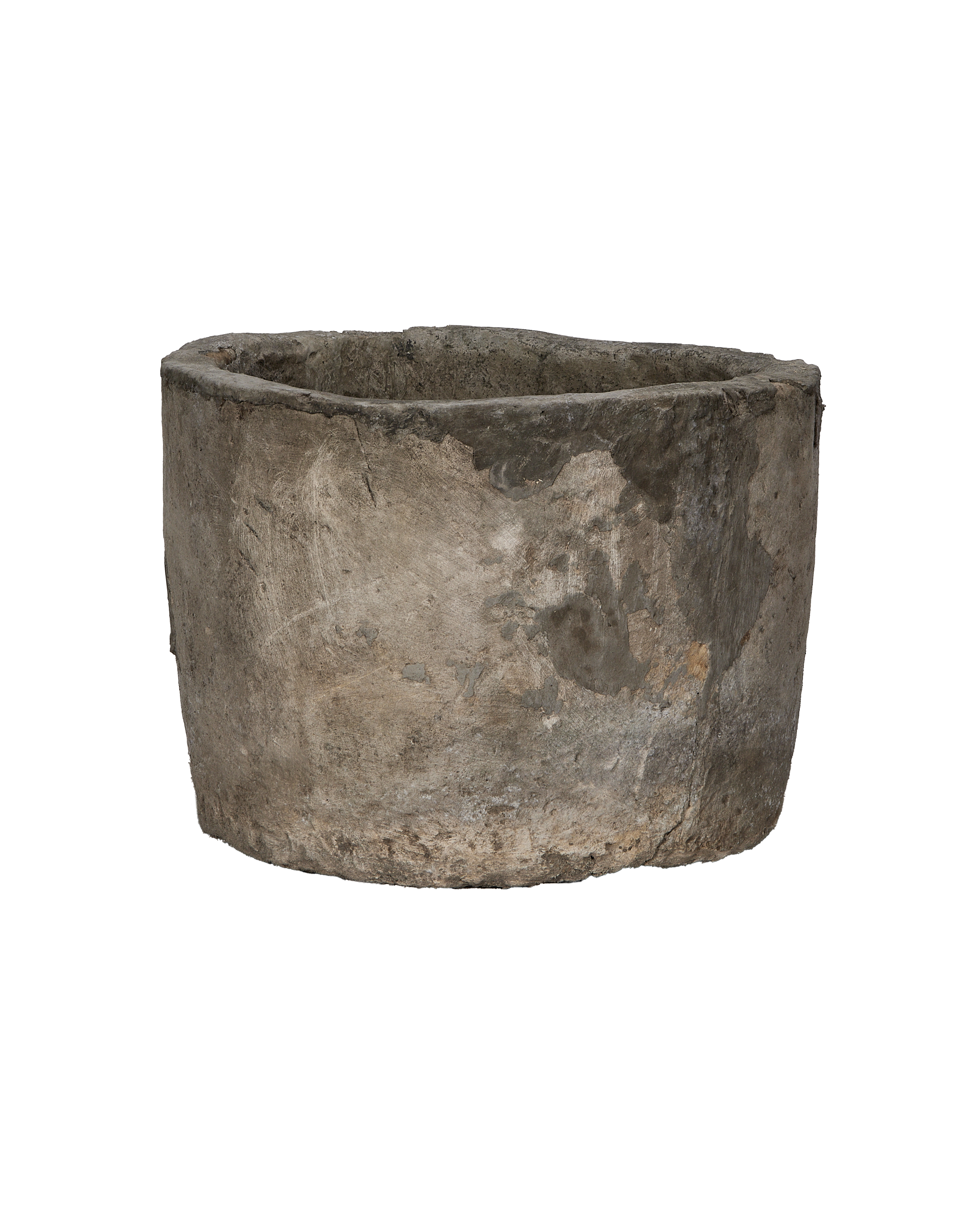 Vintage Indonesian round limestone trough, rough textured grey exterior, weathered condition, OAK.