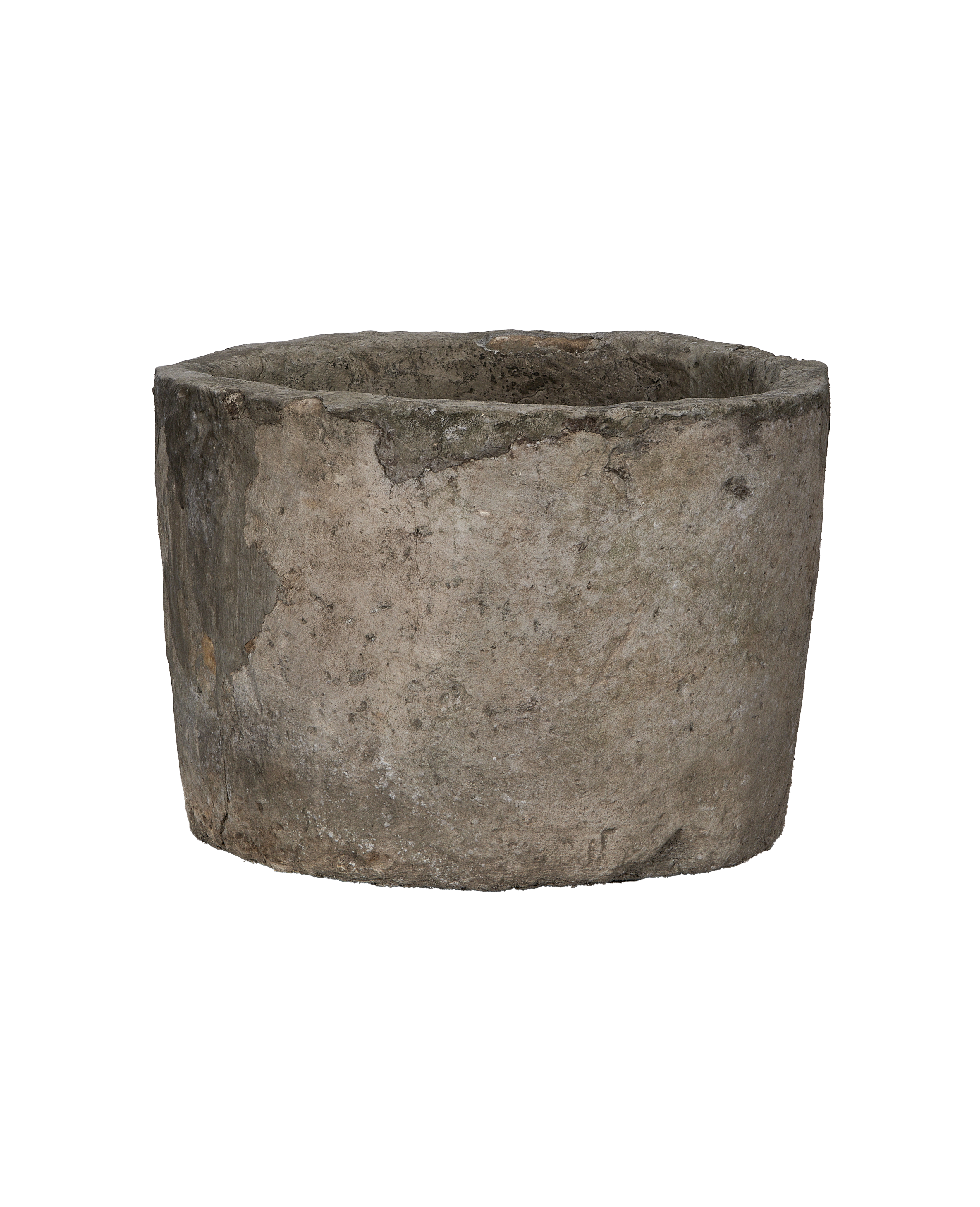 Vintage Indonesian round limestone trough, earthy texture and rustic charm visible.