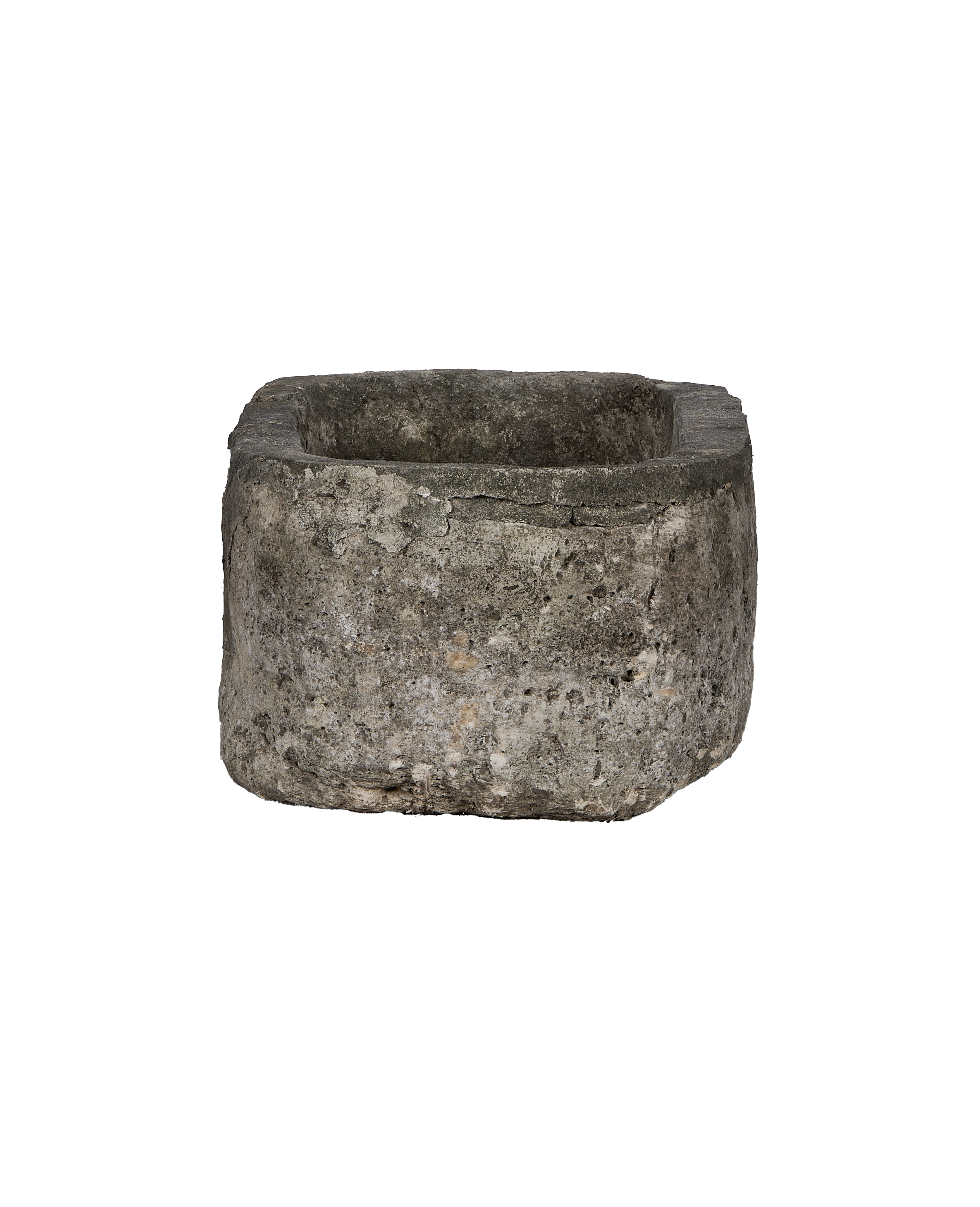 Vintage Indonesian oblong limestone trough, detailed side view showing rustic texture and worn edges.