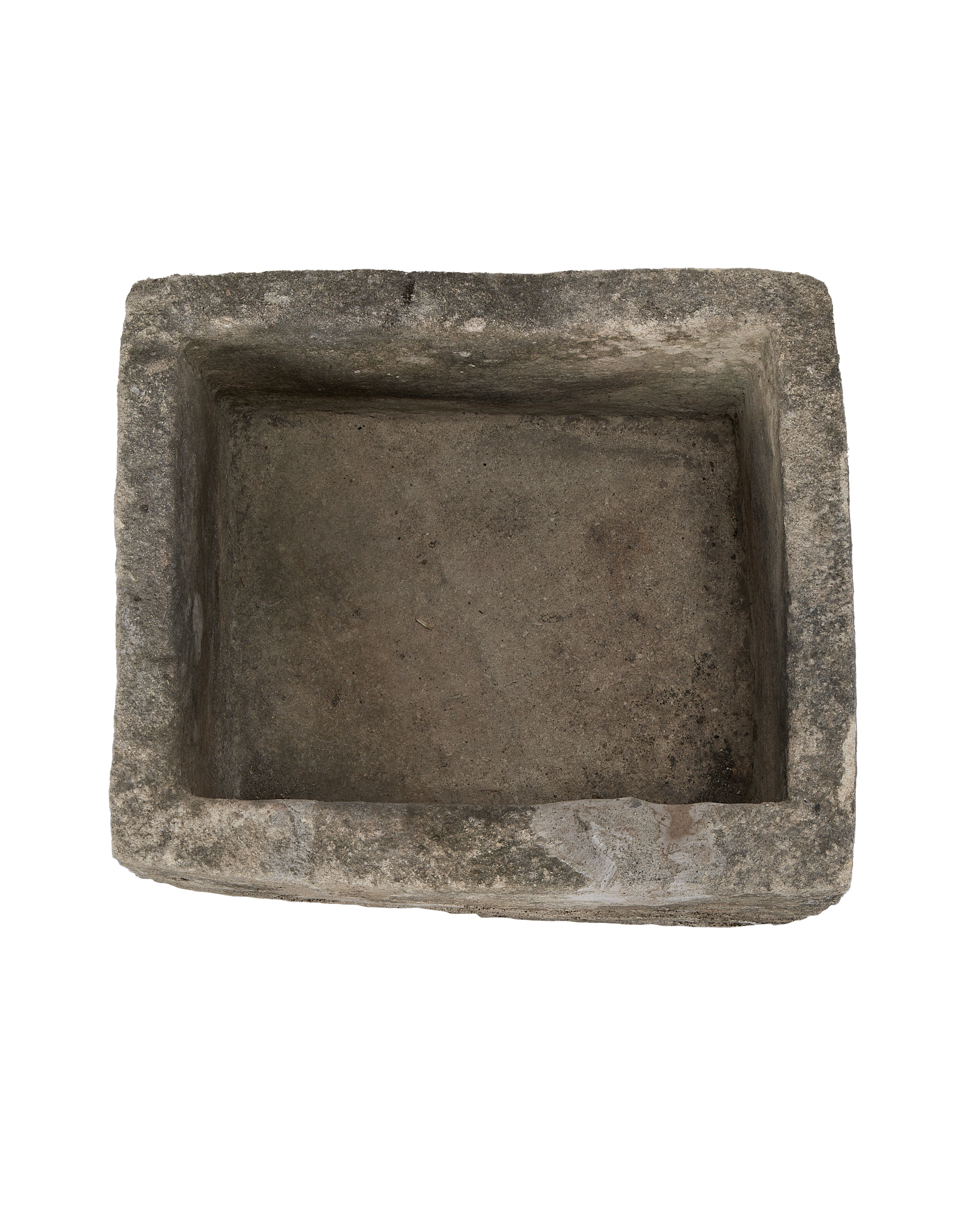 Vintage Indonesian rectangular limestone trough, top view inside its weathered, textured interior.