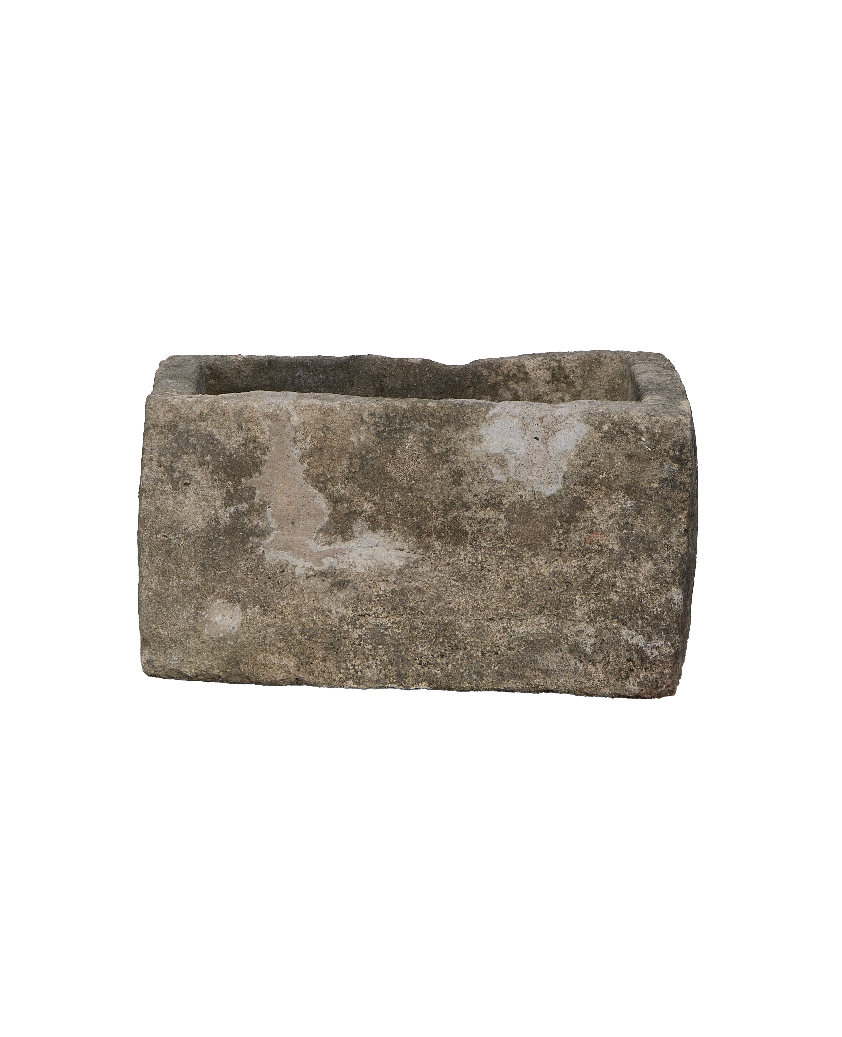 Vintage rectangular Indonesian limestone trough with weathered, mossy texture.