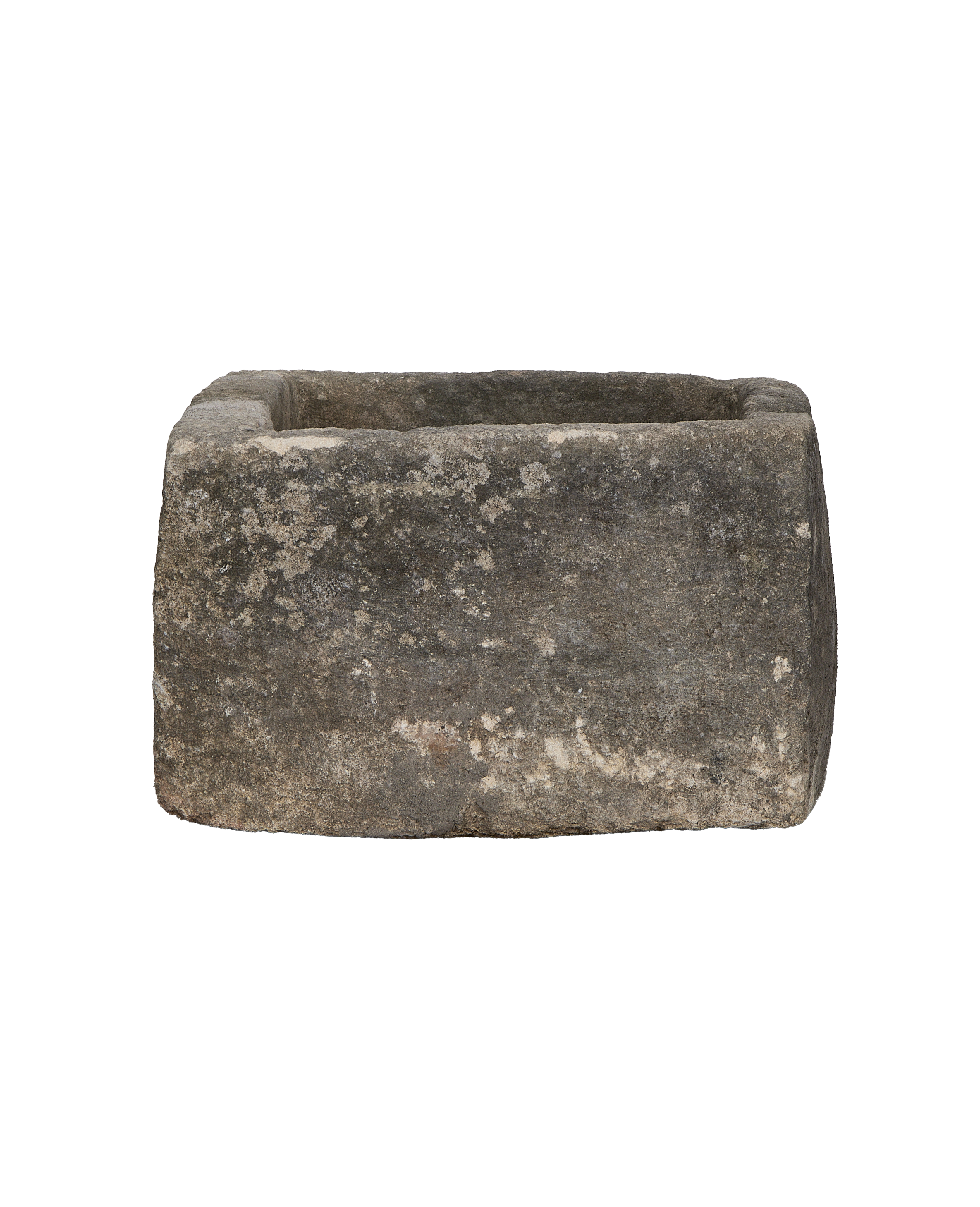 Vintage Indonesian OAK limestone trough with weathered grey exterior texture.