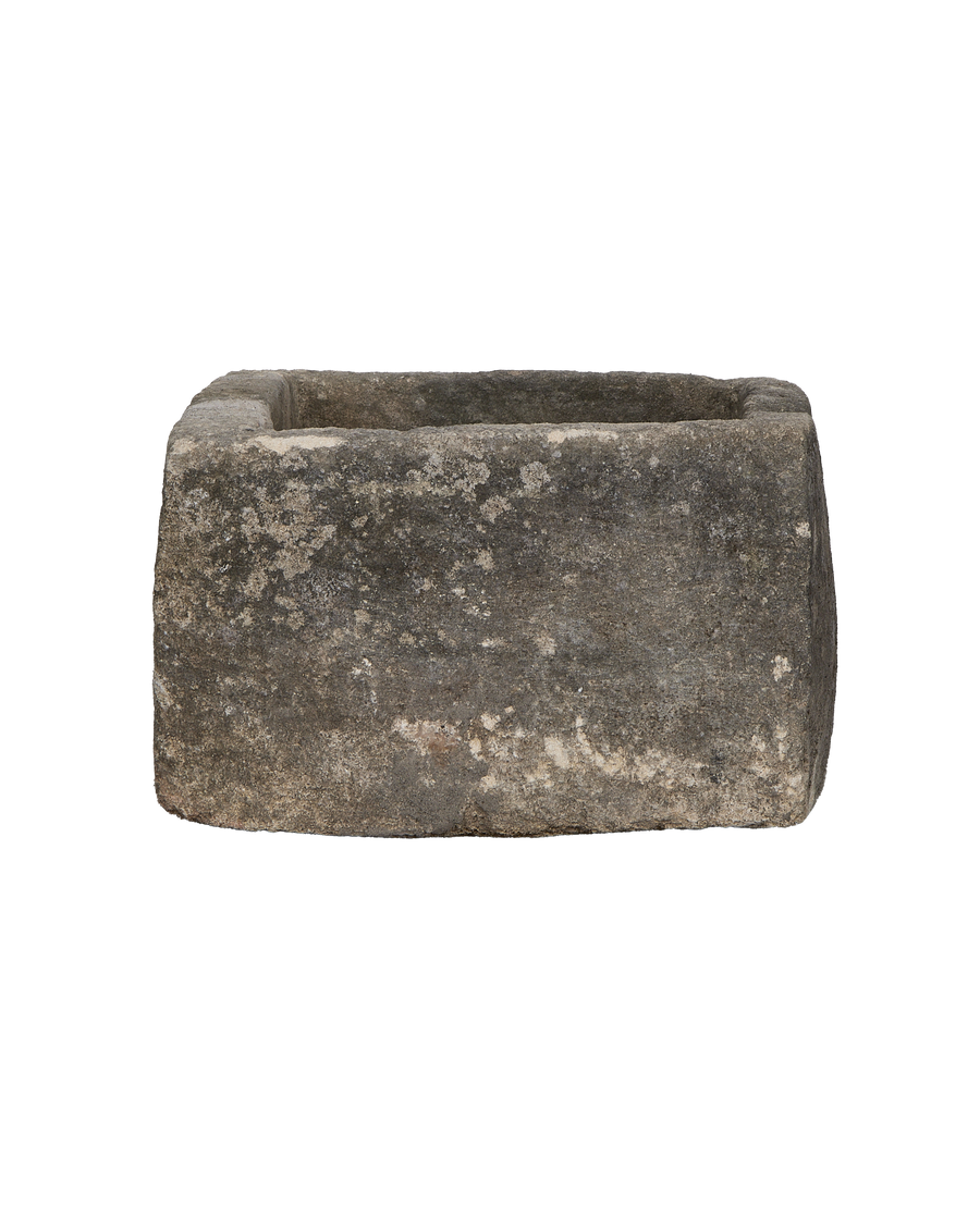 Vintage Indonesian OAK limestone trough with weathered grey exterior texture.