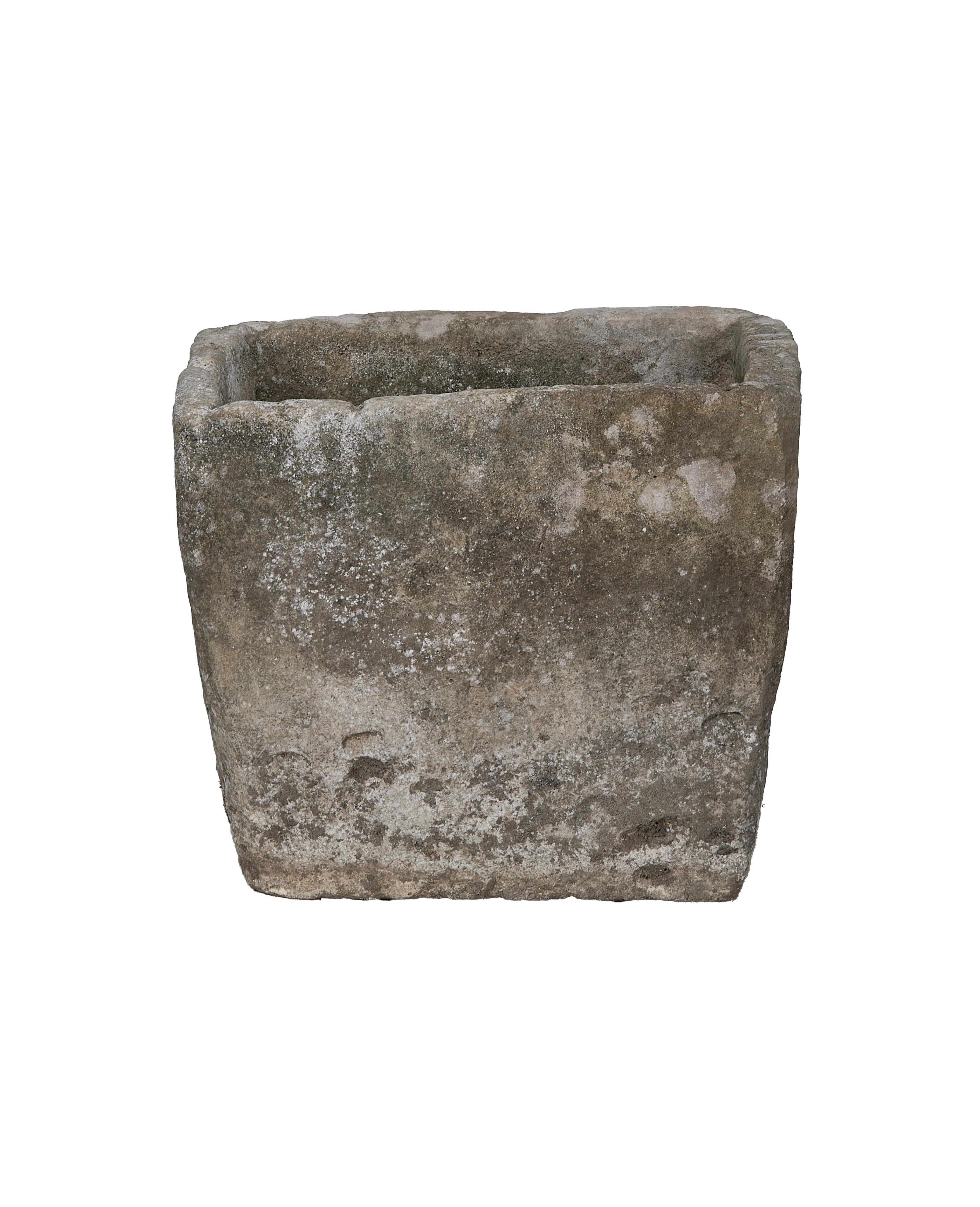 Vintage Indonesian large rectangular limestone trough, weathered gray concrete texture, perfect garden planter.