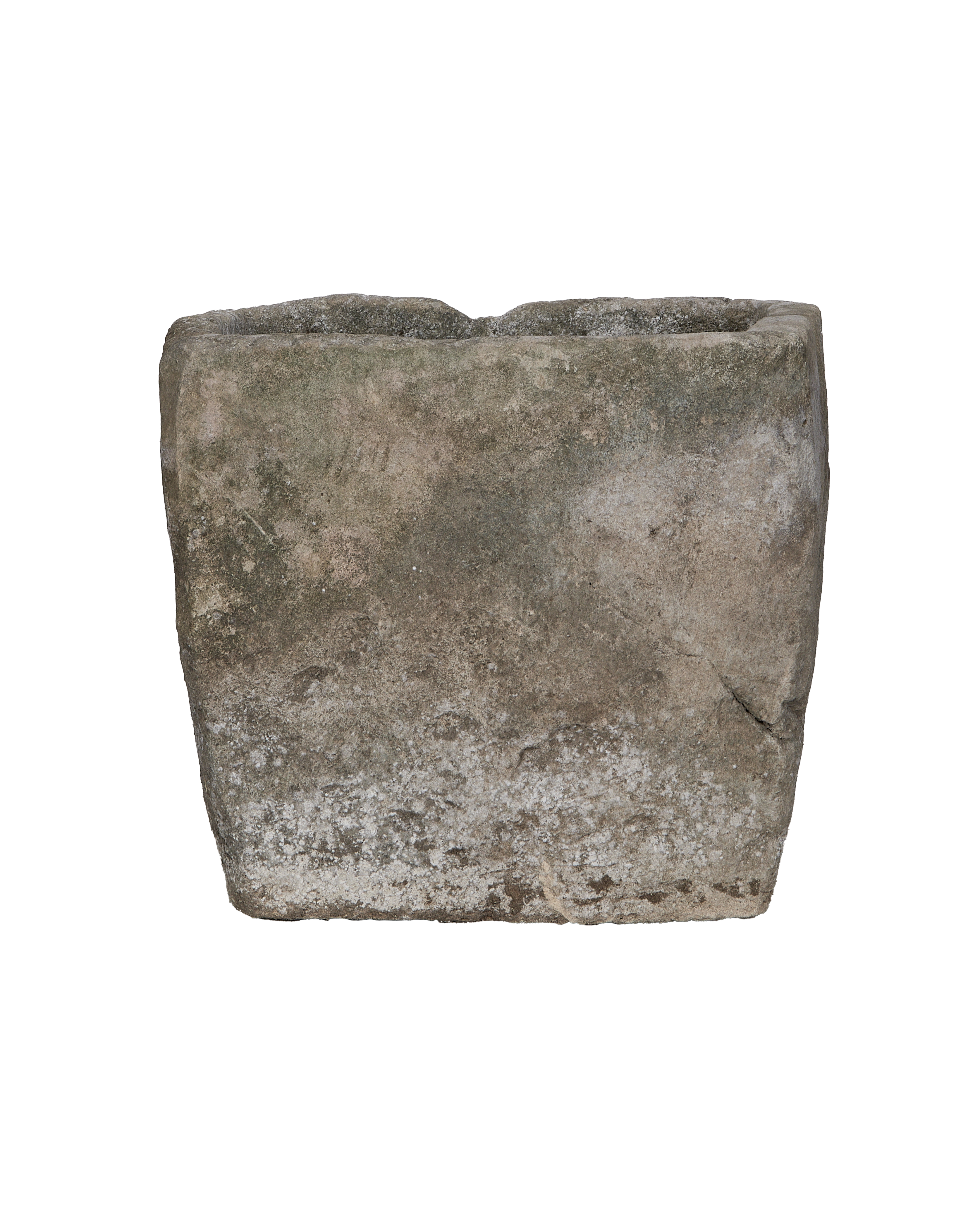 Vintage Indonesian limestone rectangular trough, showing weathered side texture with white mineral deposits.