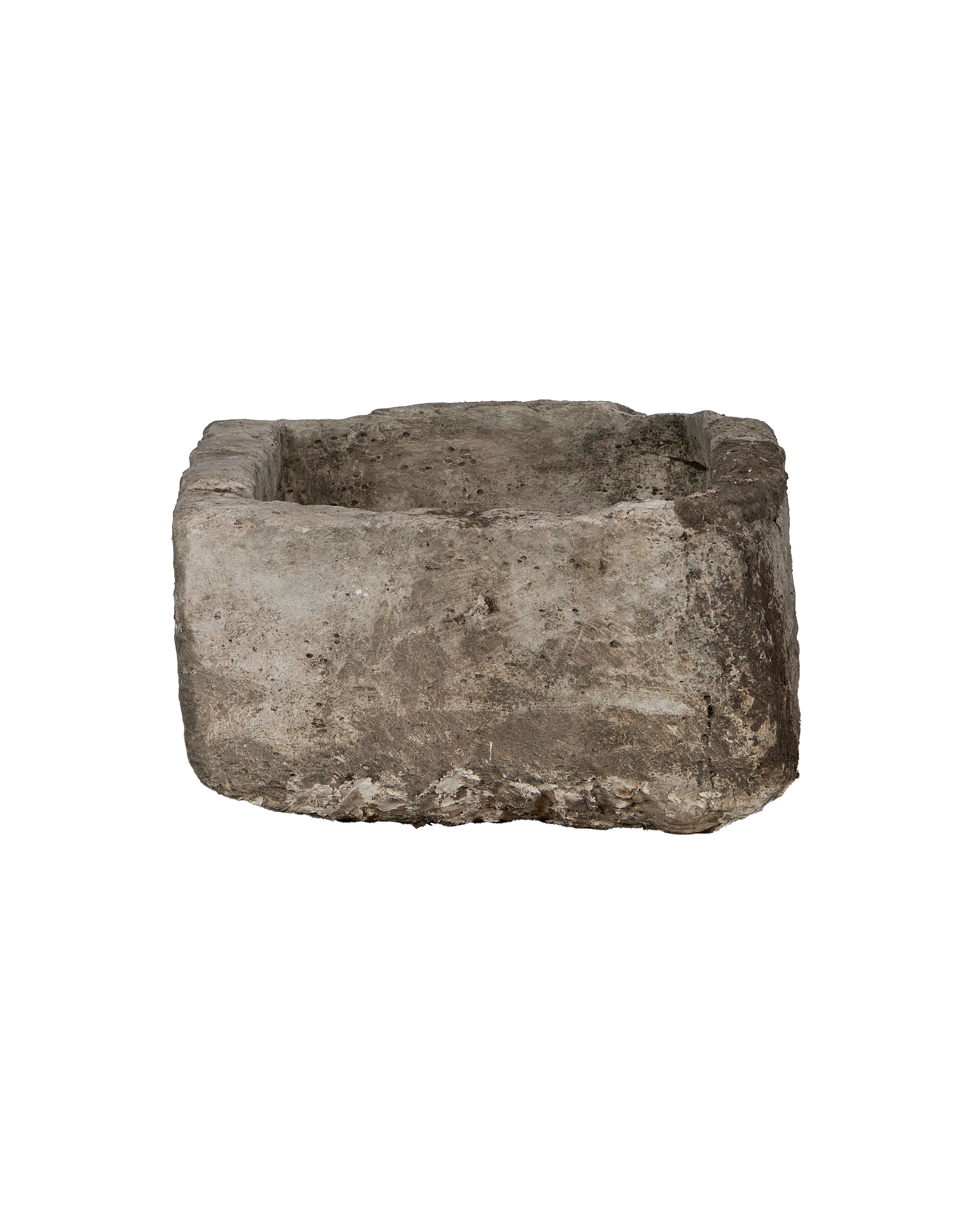 Vintage Indonesian rectangular limestone trough, top-down view highlighting aged, weathered texture and rough edges.
