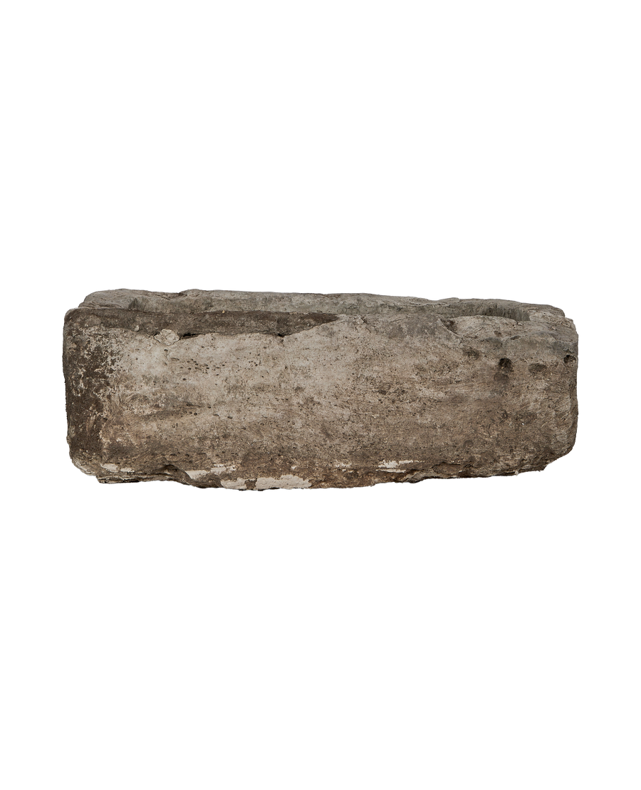 Vintage limestone rectangular trough, OAK style, showing weathered Indonesian stone texture.