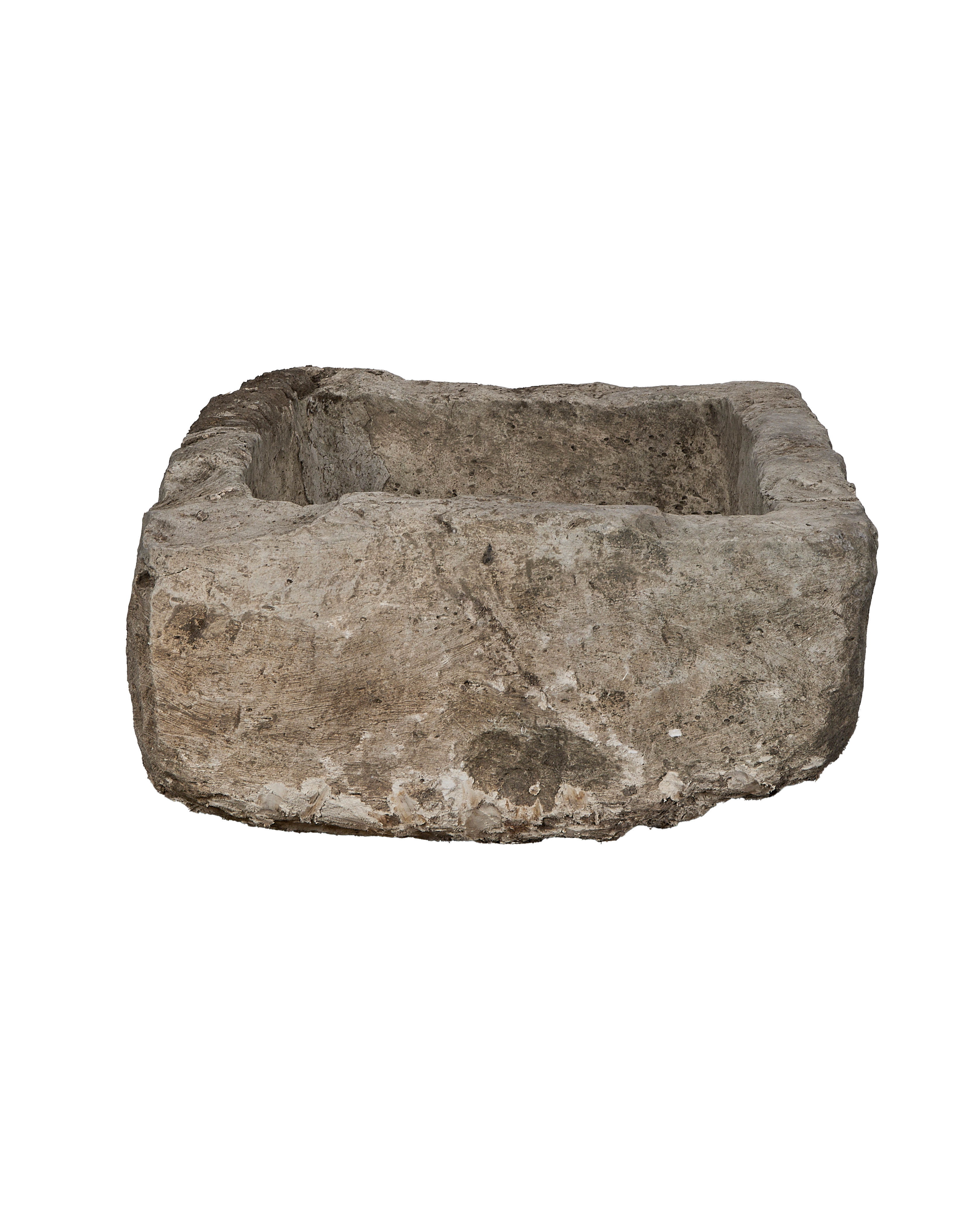 Vintage Indonesian limestone trough, rectangular, showcasing its textured, weathered exterior from a slightly elevated angle.