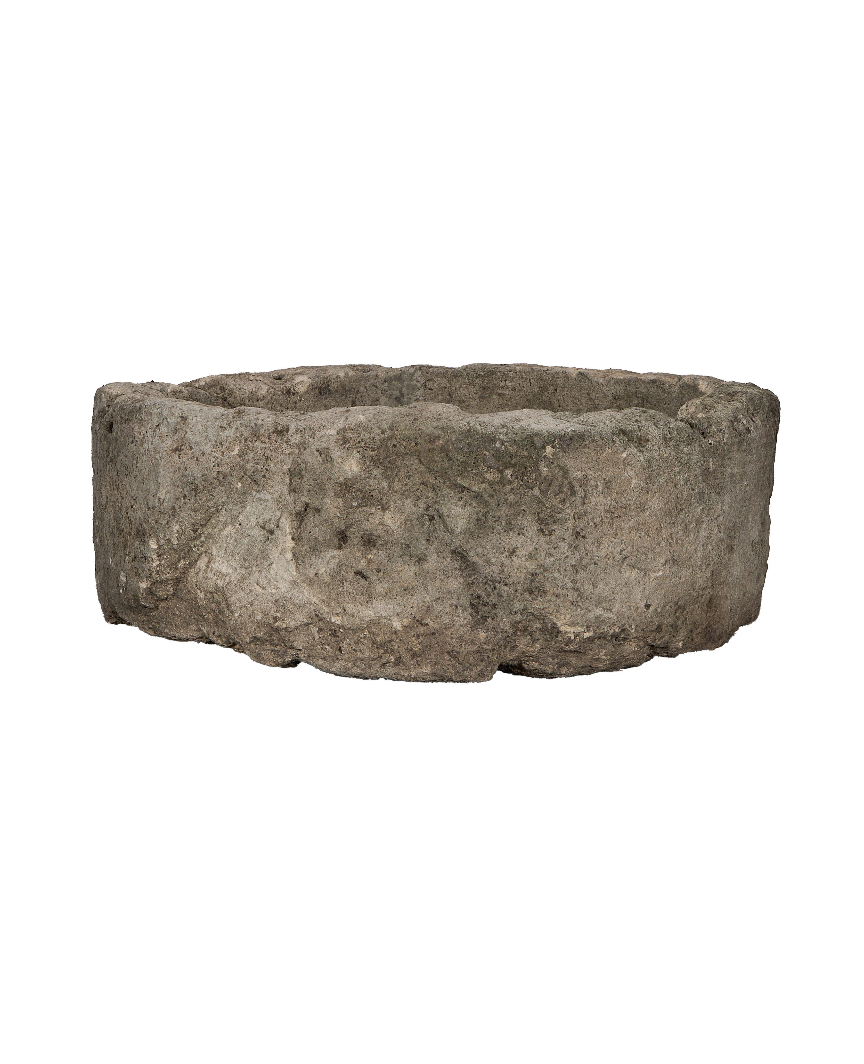 Vintage, round limestone trough from Indonesia with textured, weathered natural stone.