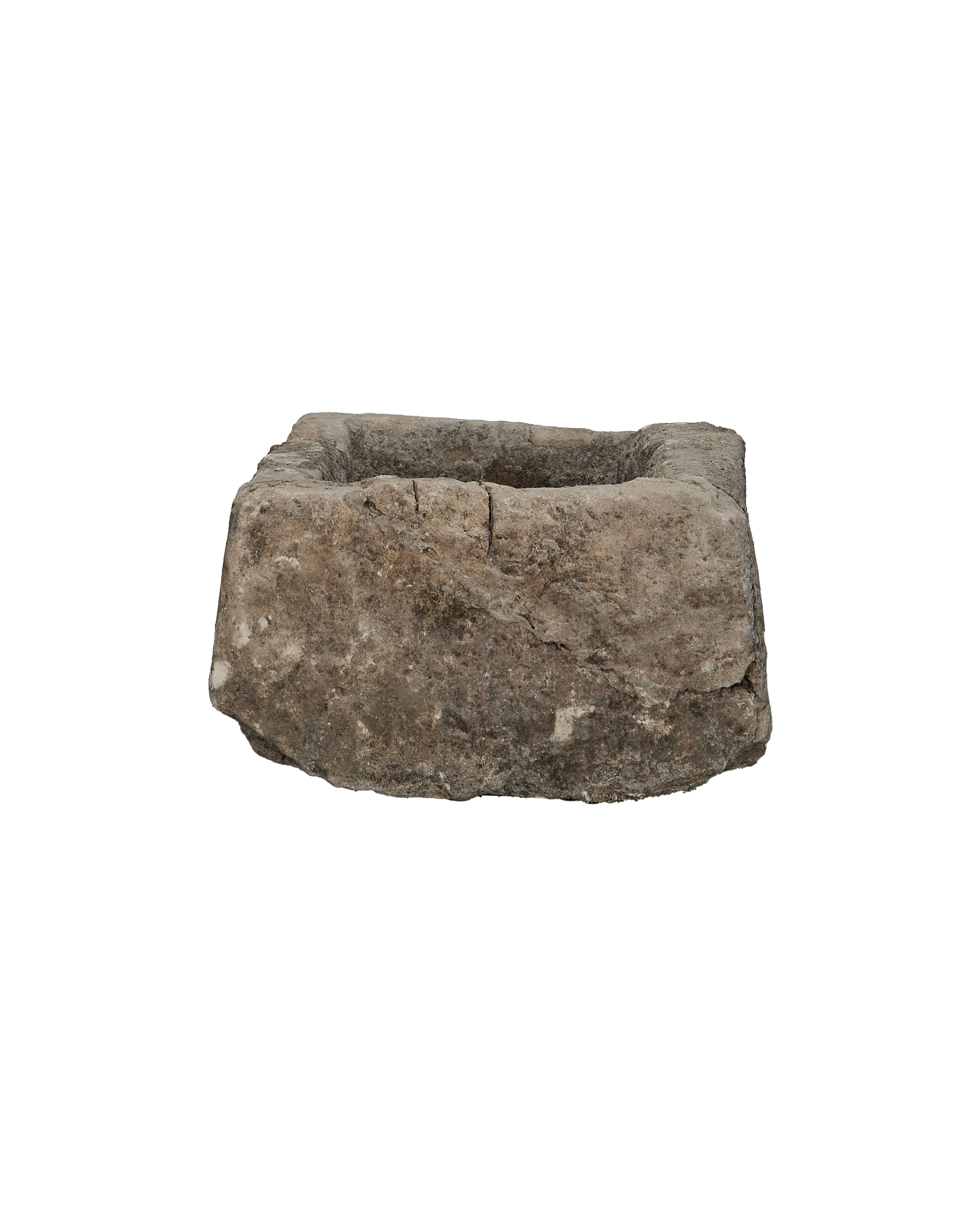 Vintage Indonesian limestone trough, rectangular, OAK, with visible weathered texture and worn edges.