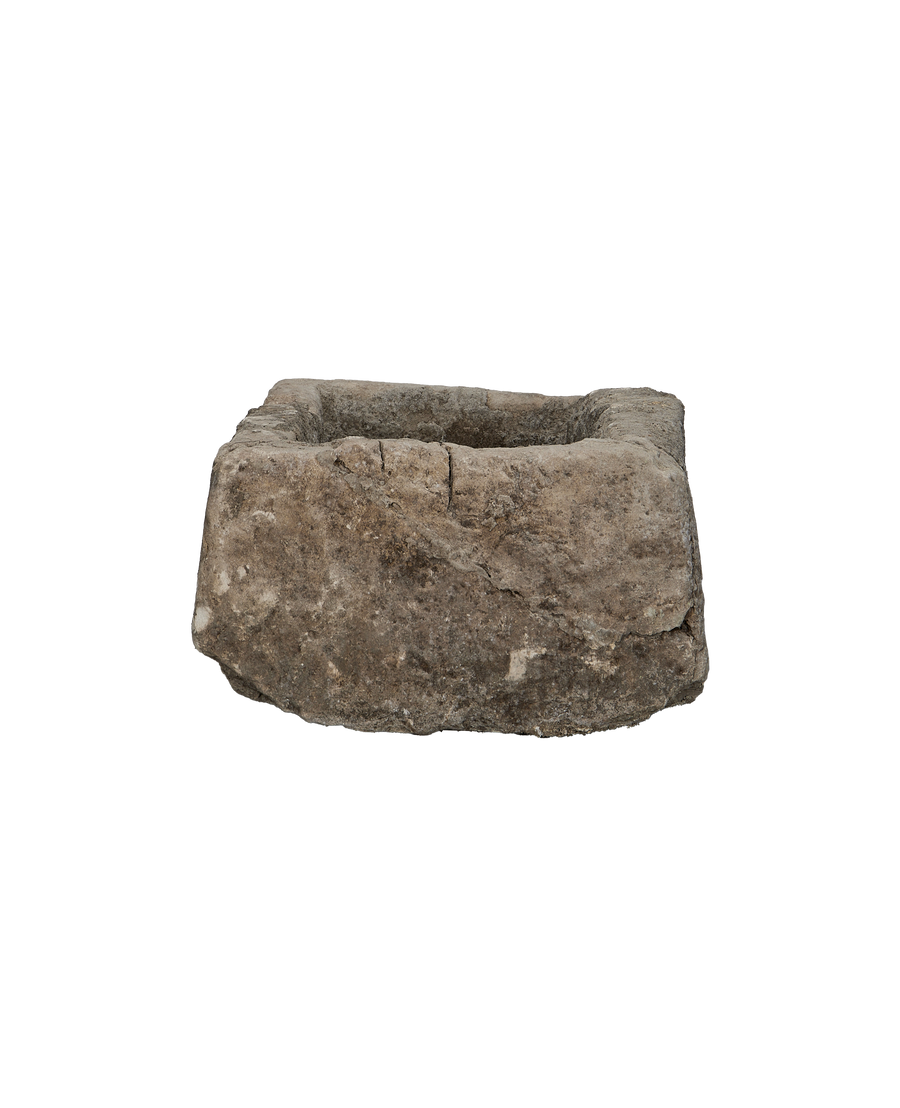 Vintage Indonesian limestone trough, rectangular, OAK, with visible weathered texture and worn edges.