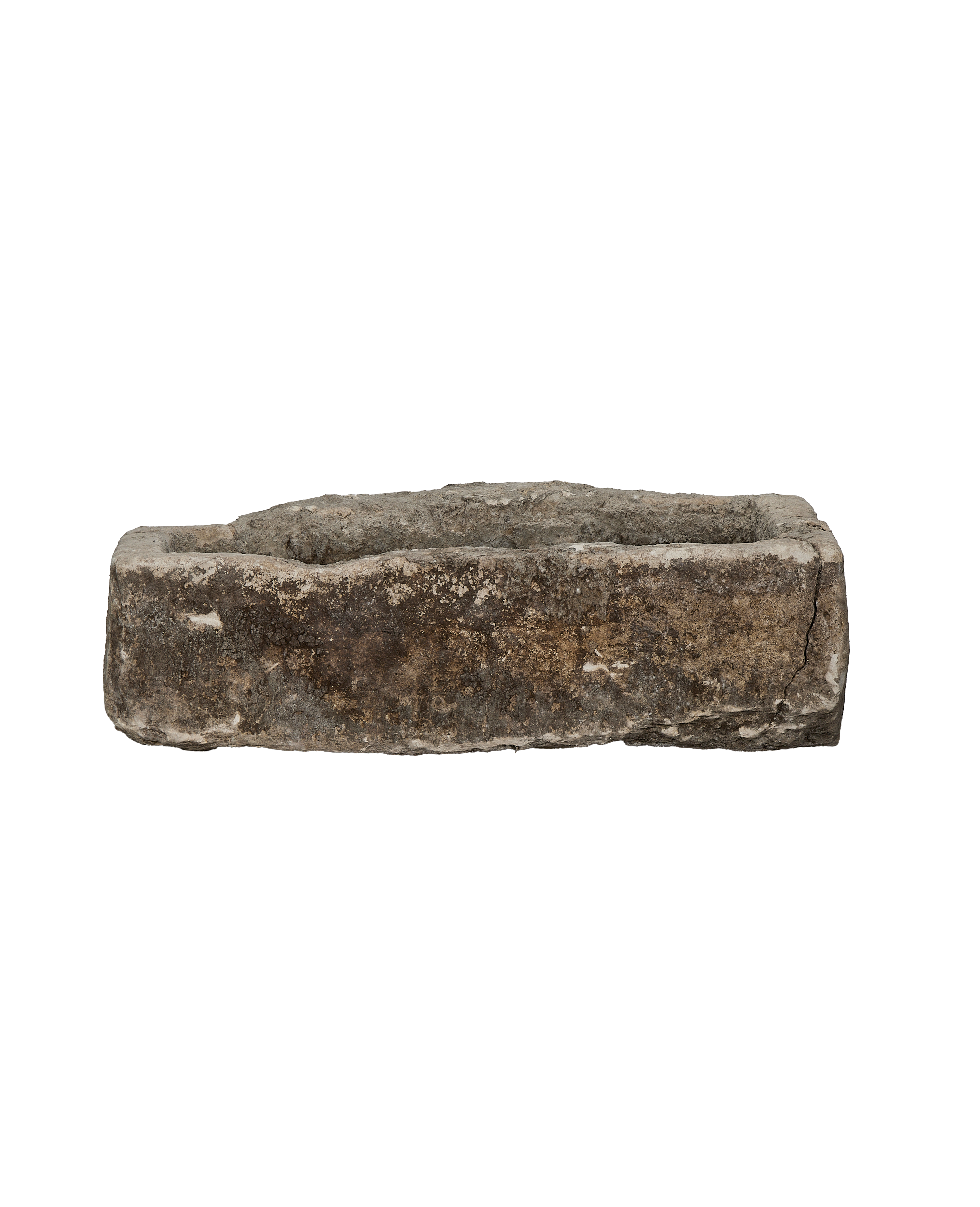Vintage Indonesian limestone trough, rectangular, showcasing rugged texture and weathered gray surface.