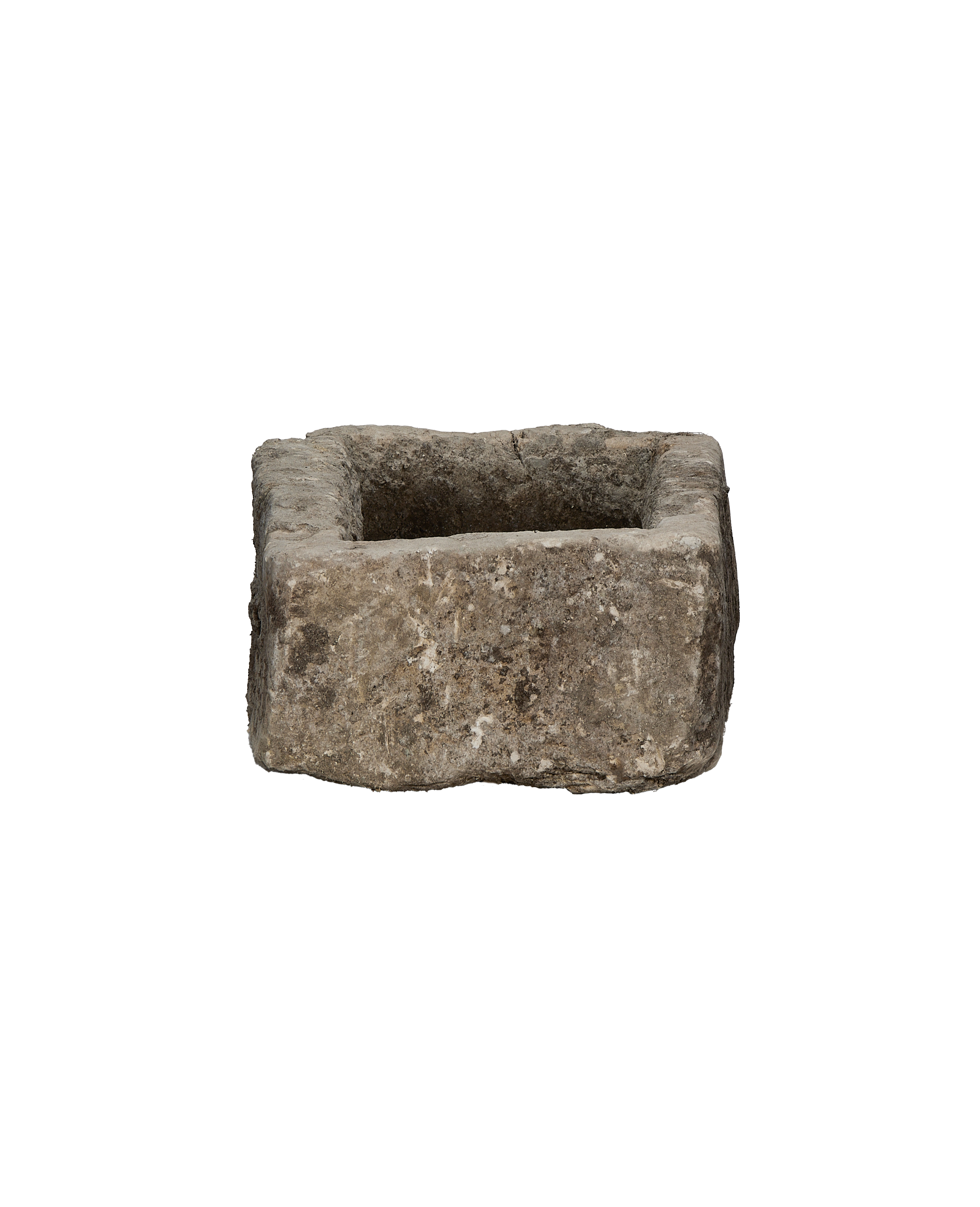 Vintage Indonesian rectangular limestone trough, top view showcasing weathered texture and rustic interior.